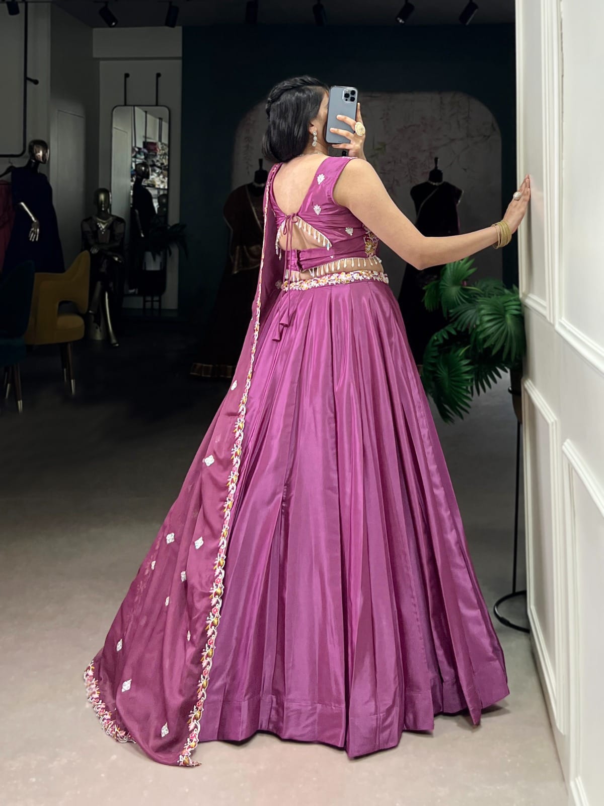 Magenta Flared Silk Crepe Lehenga Set – Drawstring Waist – Sequins & Thread Embroidery