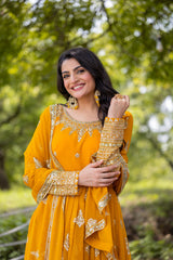 Yellow Flared Faux Georgette Gown – Round Neck – Heavy Sequin Embroidery