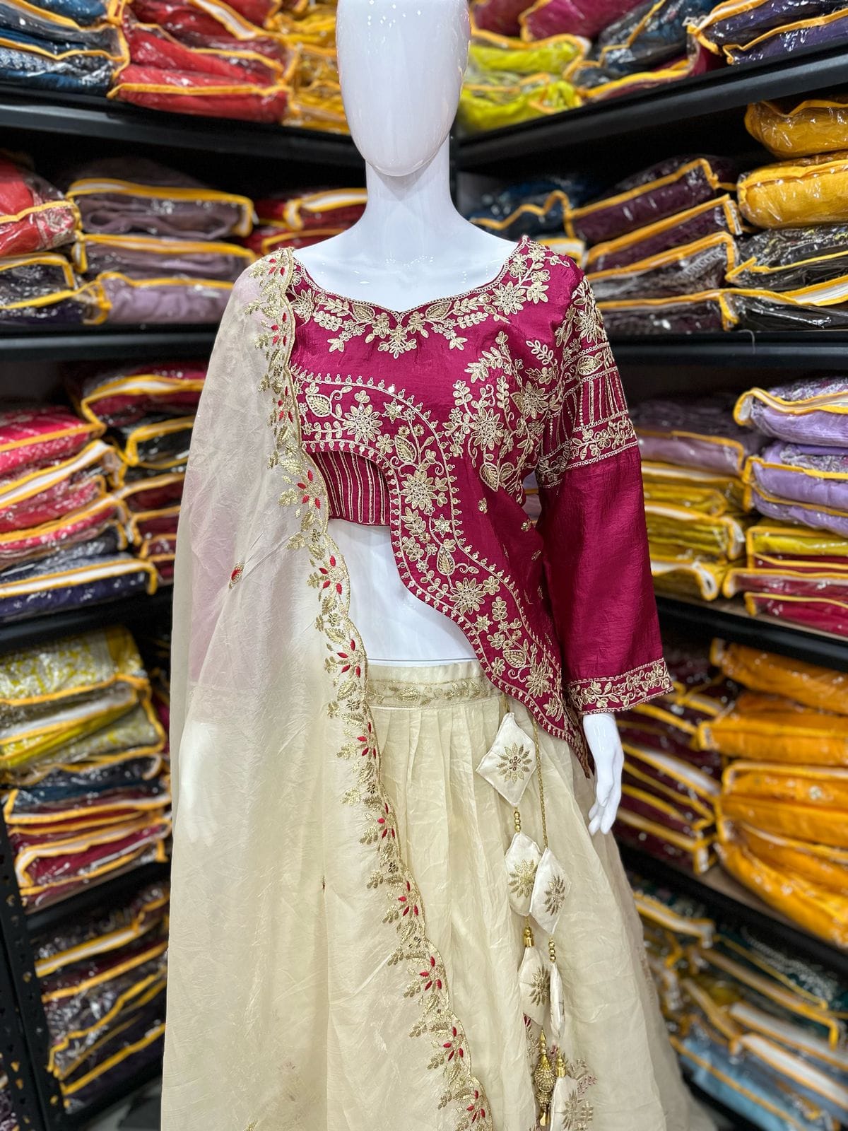 Embroidered Gold Crush Crop Top Lehenga Set – Sequence Work