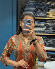 Printed Cotton A-Line Kurti Set – V-Neck – Sequin Handwork