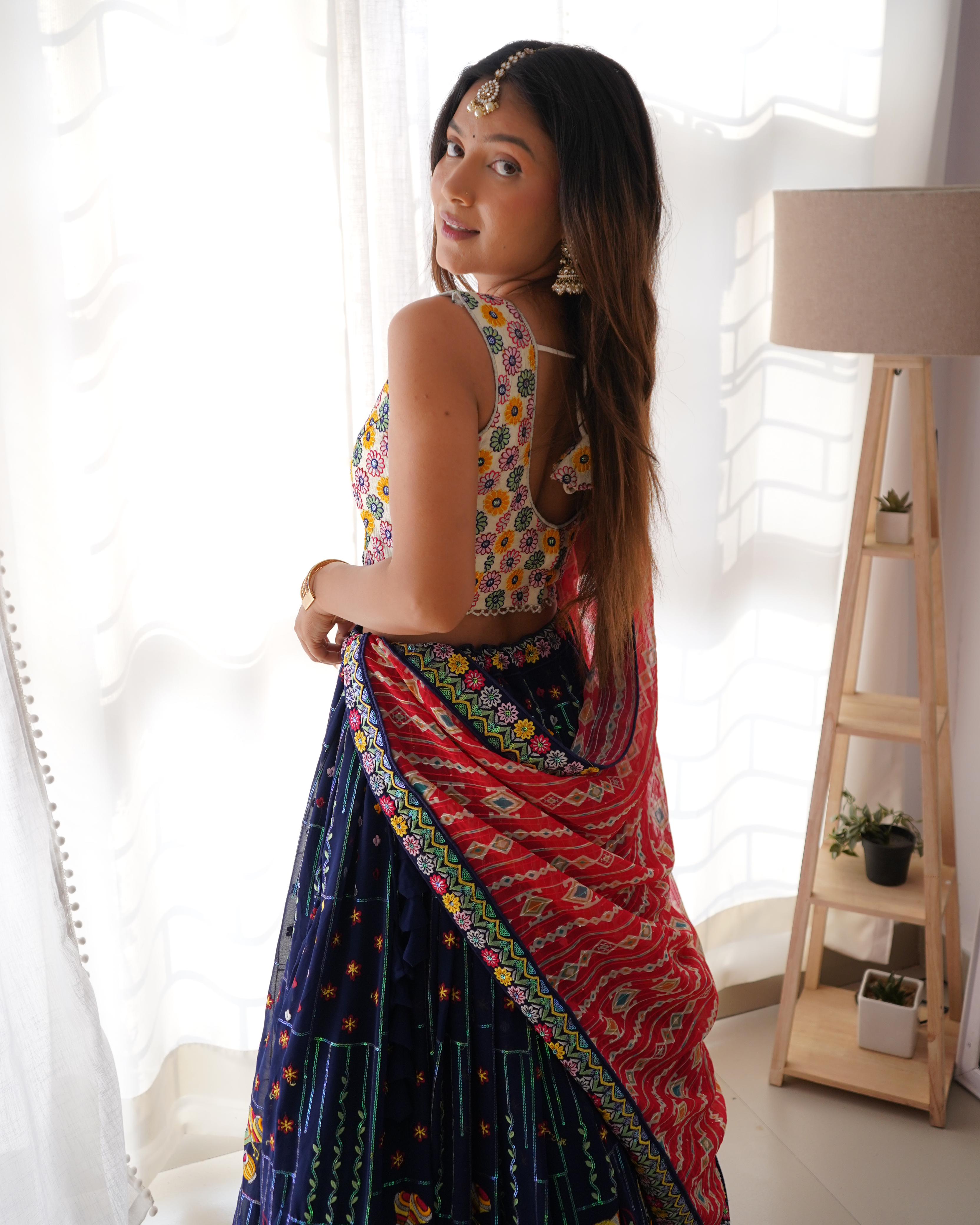 Faux Georgette Semi-Stitch Lehenga Set – Thread and Sequin Work – Heavy Lace