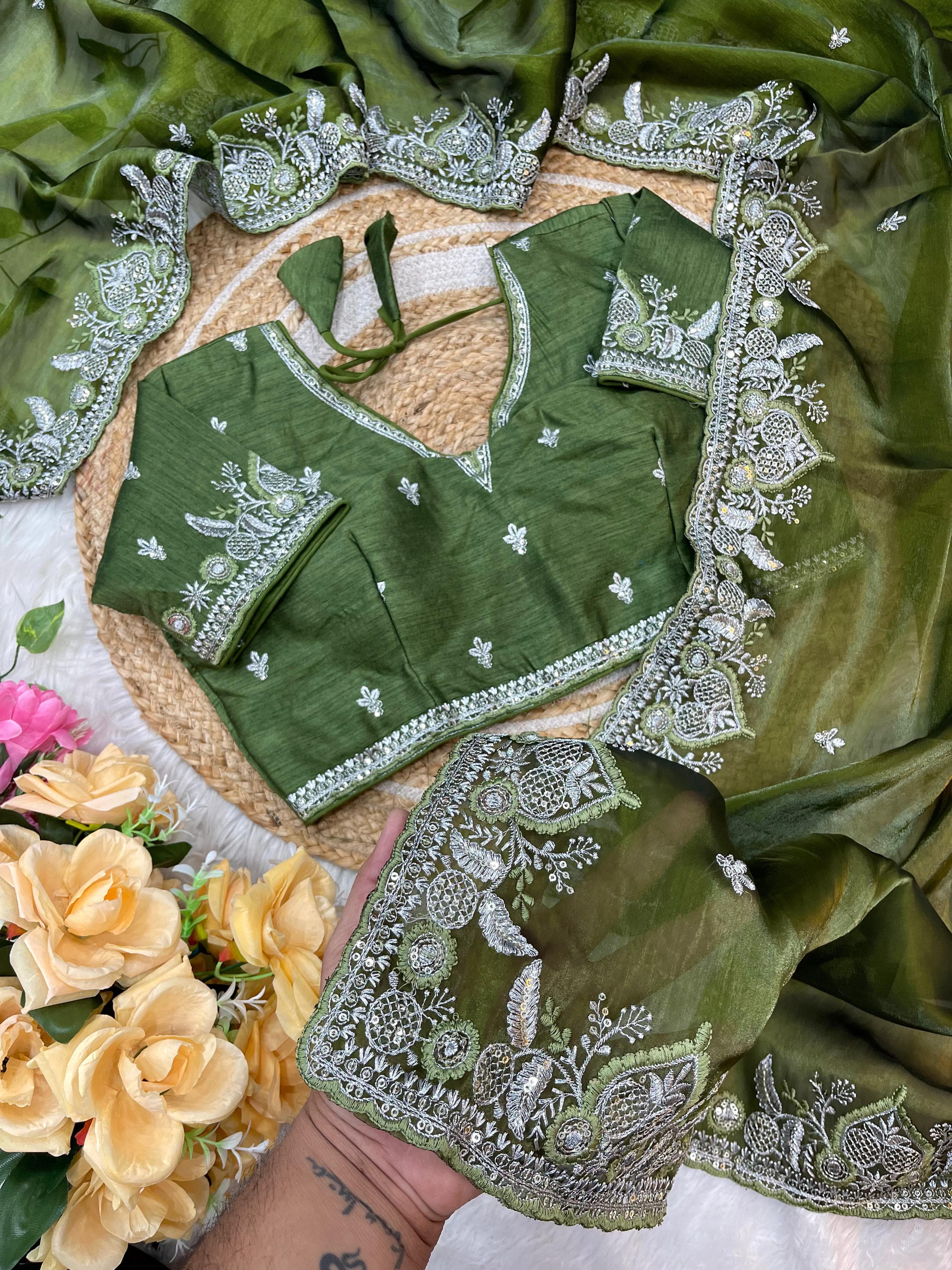 Fendy Satin Saree – Embroidered Border – Sequin & Thread Work