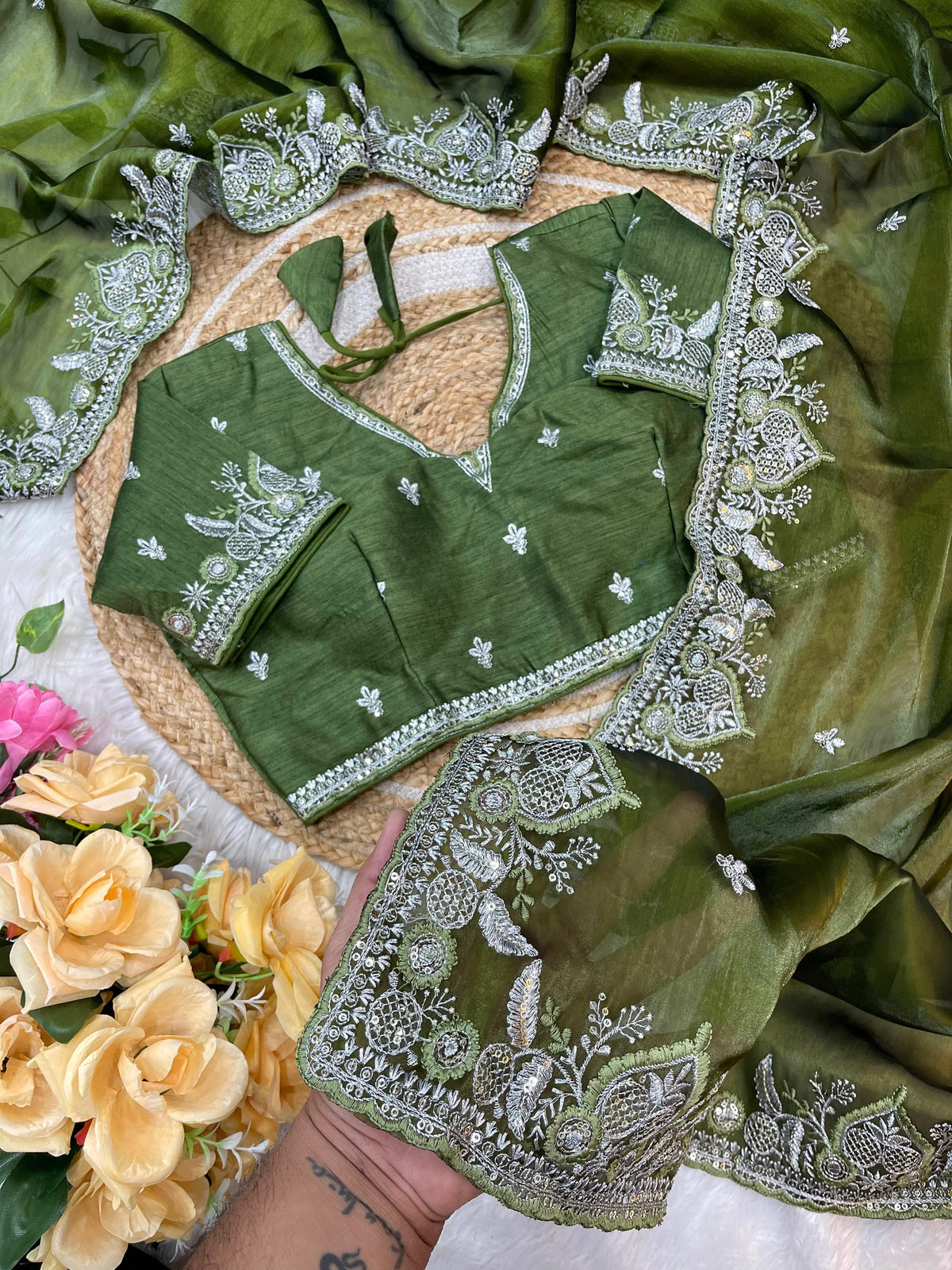 Fendy Satin Saree – Embroidered Border – Sequin & Thread Work