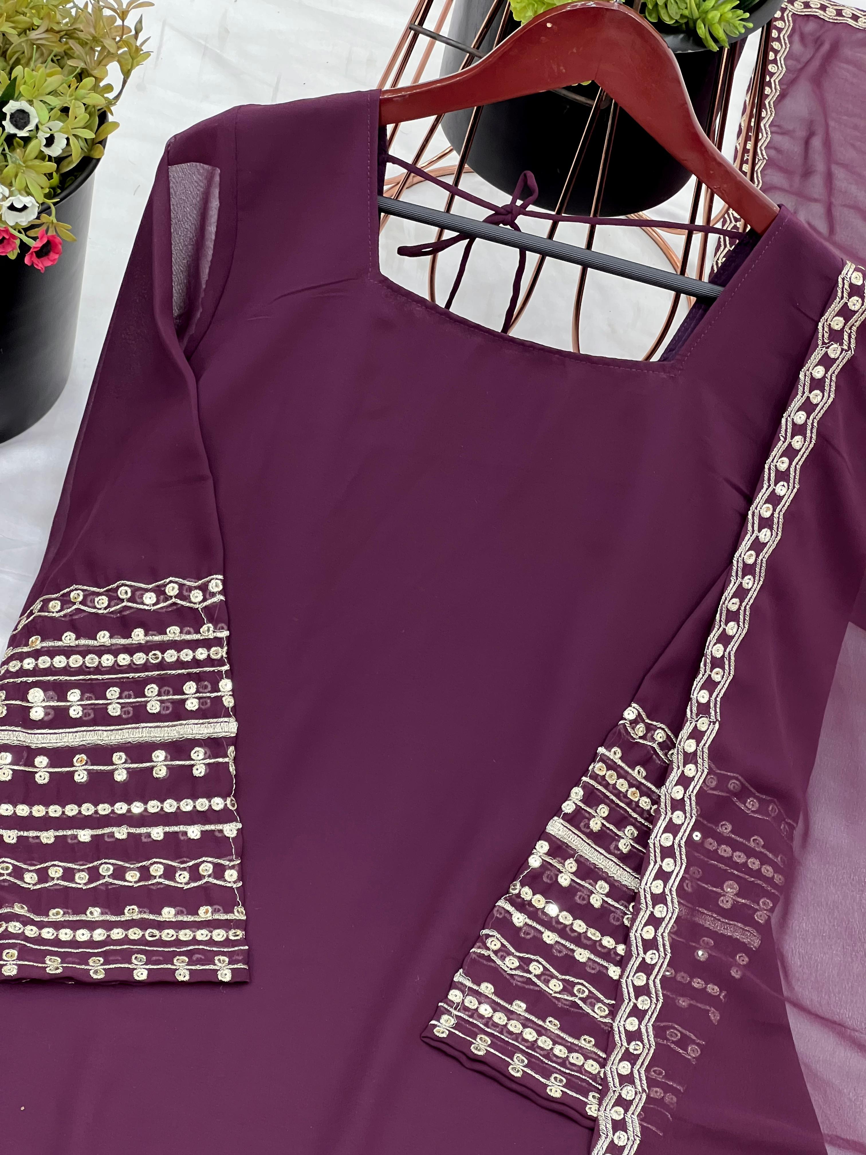 Wine Embroidered Georgette Top-Sharara Set – Full Sleeves – Sequin Work