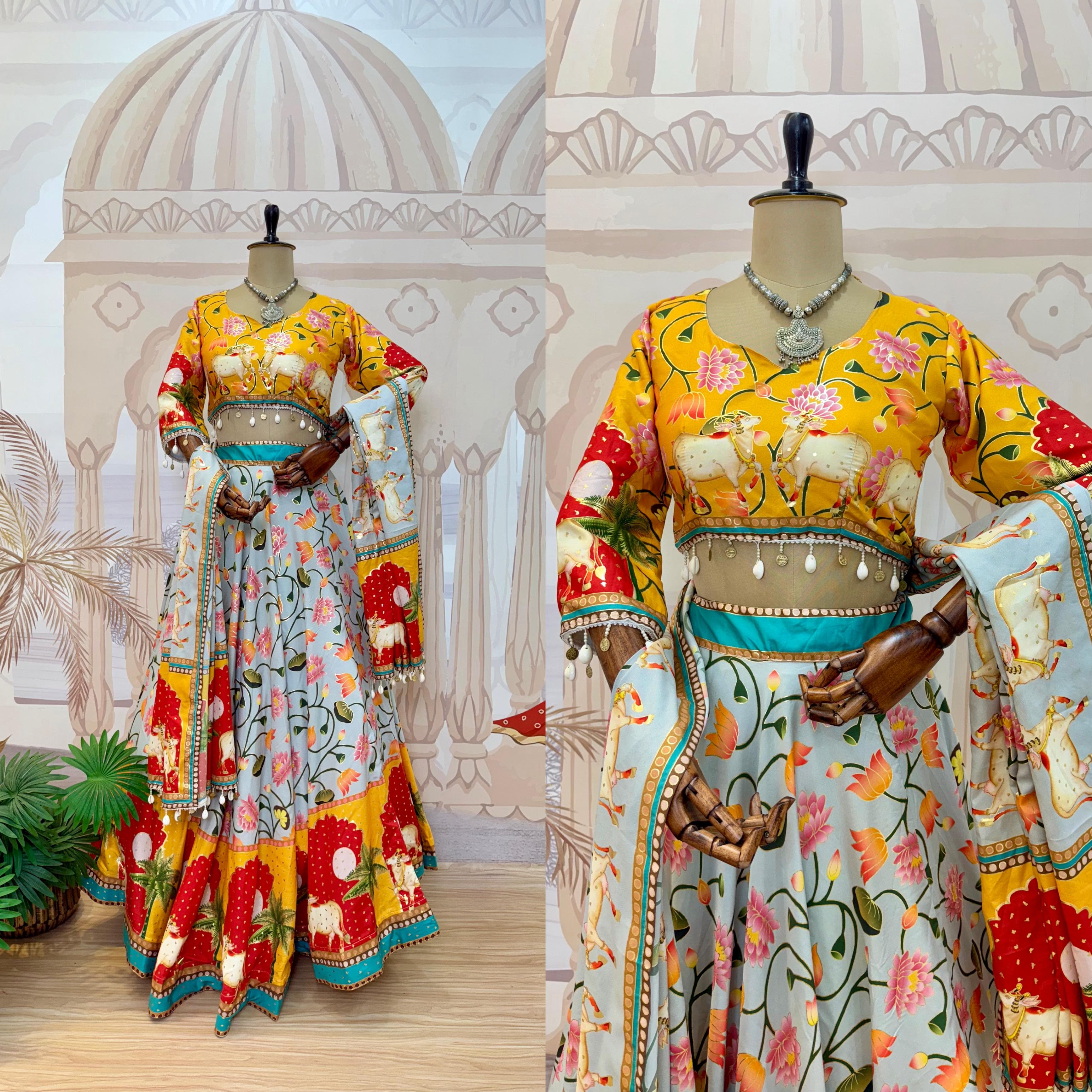 Crepe Silk Foil Print Lehenga Set – Drawstring Waist – Codi Lace Border