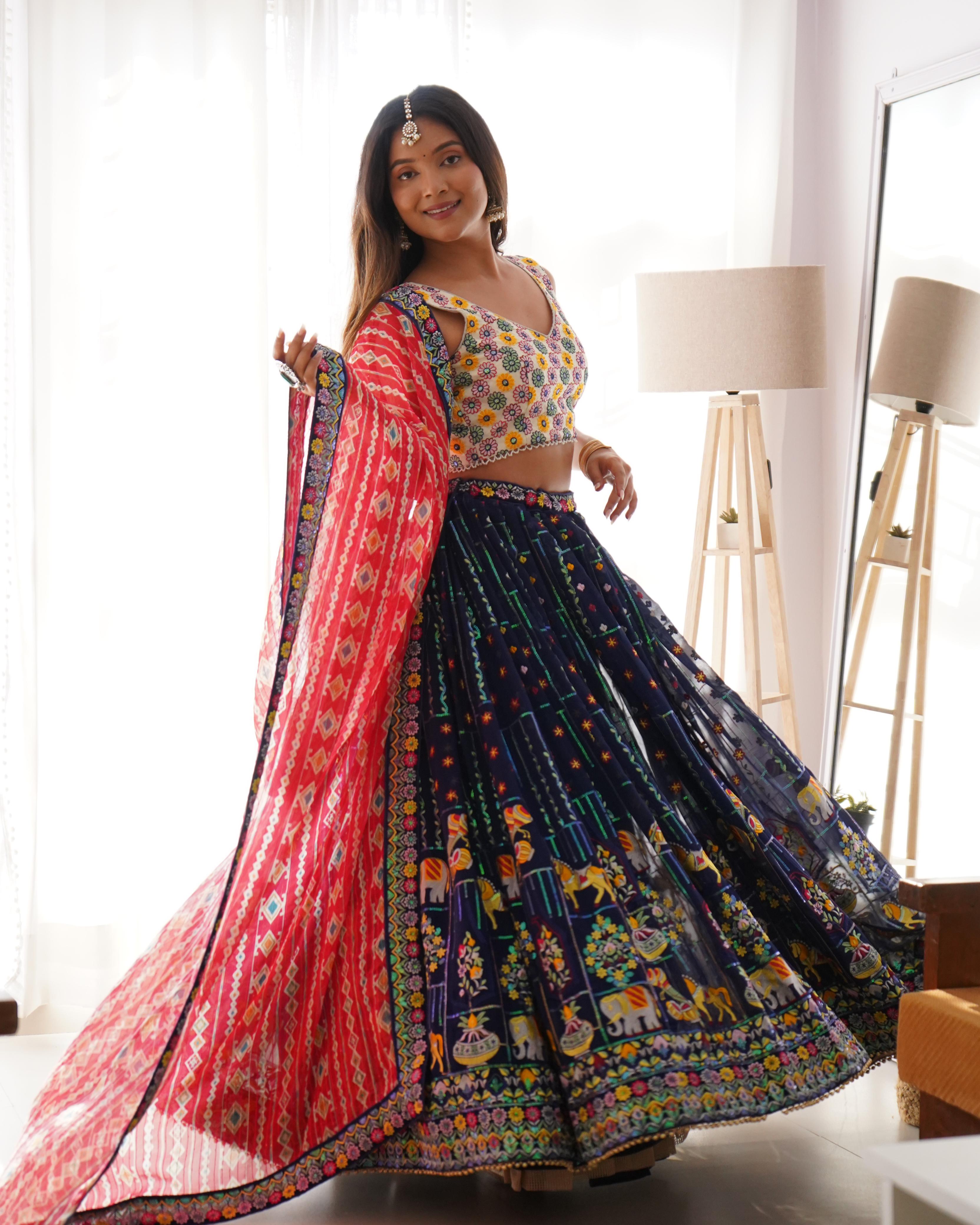 Faux Georgette Semi-Stitch Lehenga Set – Thread and Sequin Work – Heavy Lace