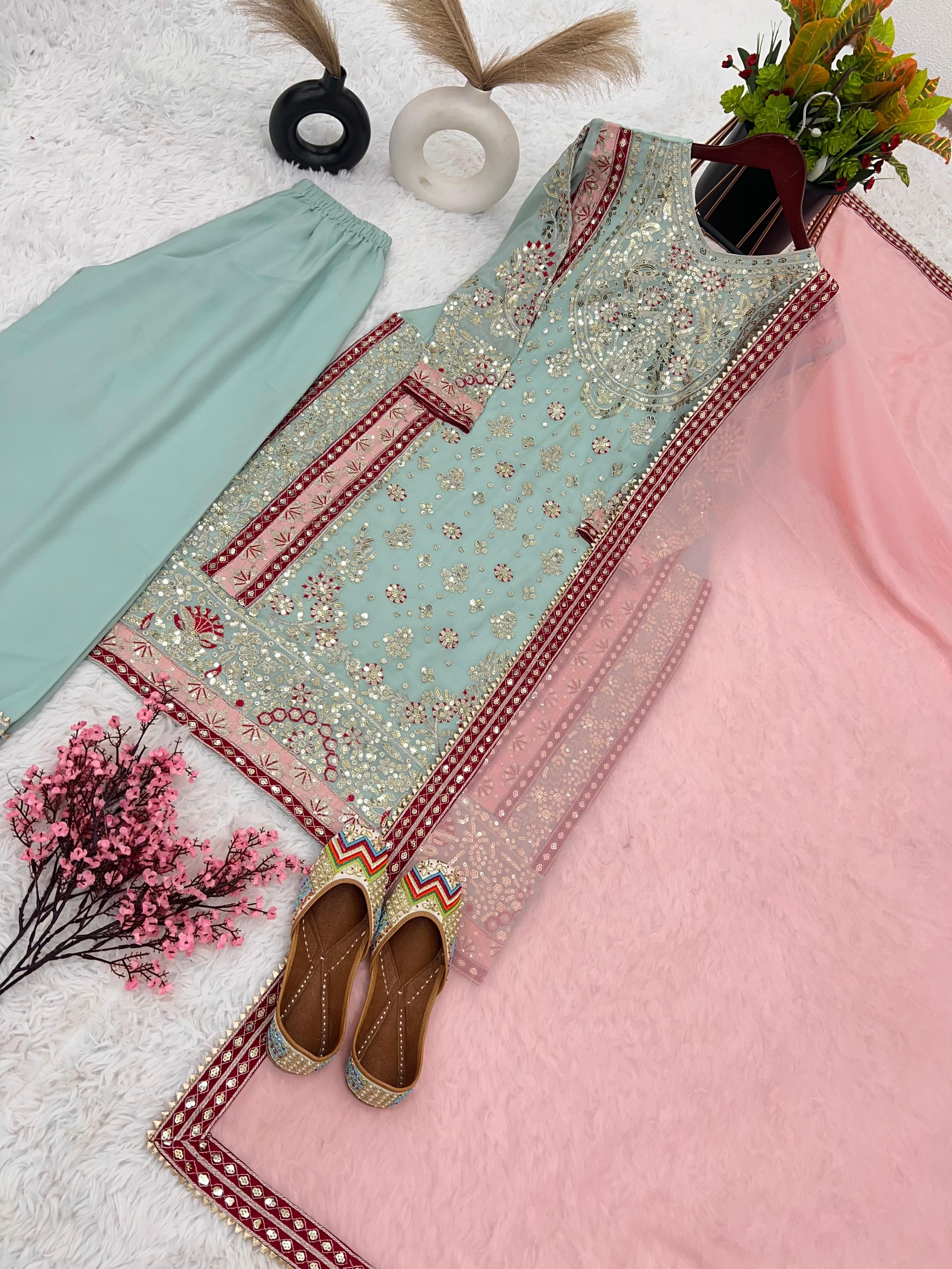 Faux Georgette Embroidered Sharara Set – Round Neck – Sequin Work