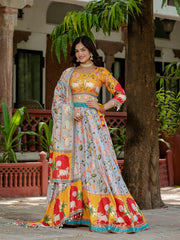 Crepe Silk Foil Print Lehenga Set – Drawstring Waist – Codi Lace Border