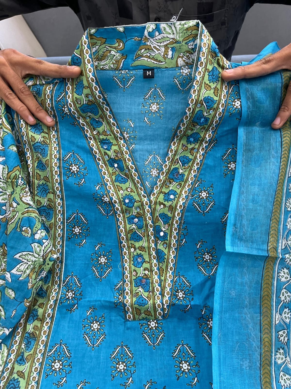 Printed Cotton A-Line Kurti Set – V-Neck – Sequin Handwork