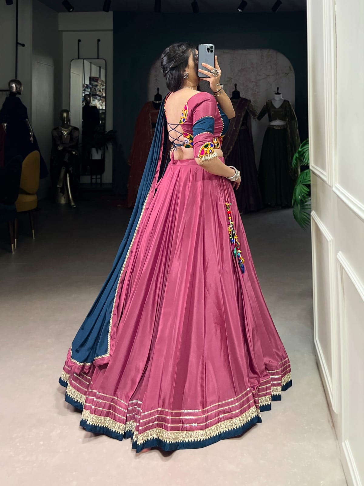 Pink Flared Silk Crepe Lehenga Set – Round Neck – Mirror and Gotta Patti Work