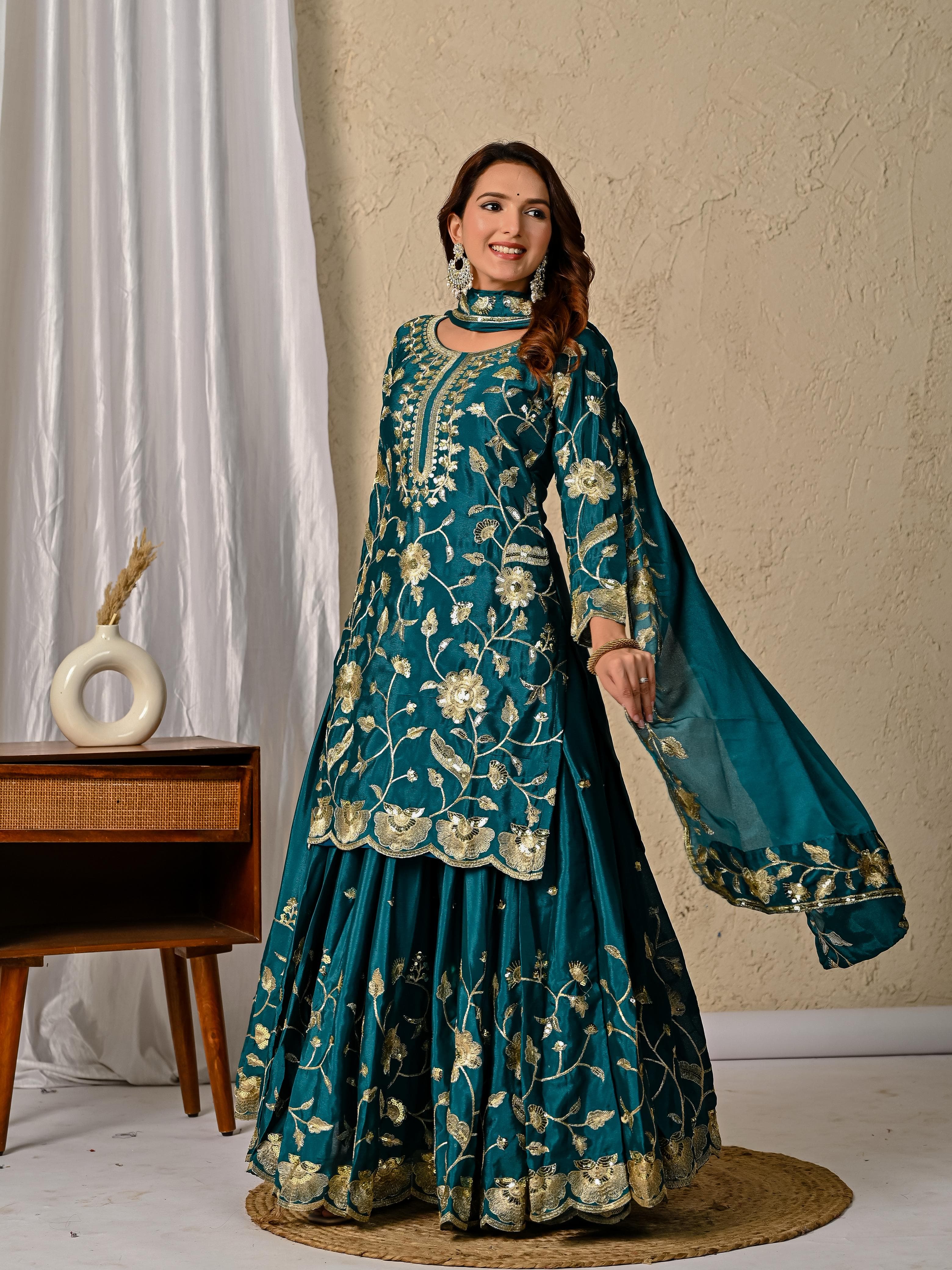 Chinnon Silk Embroidered Lehenga Set – Round Neck – Sequin Work