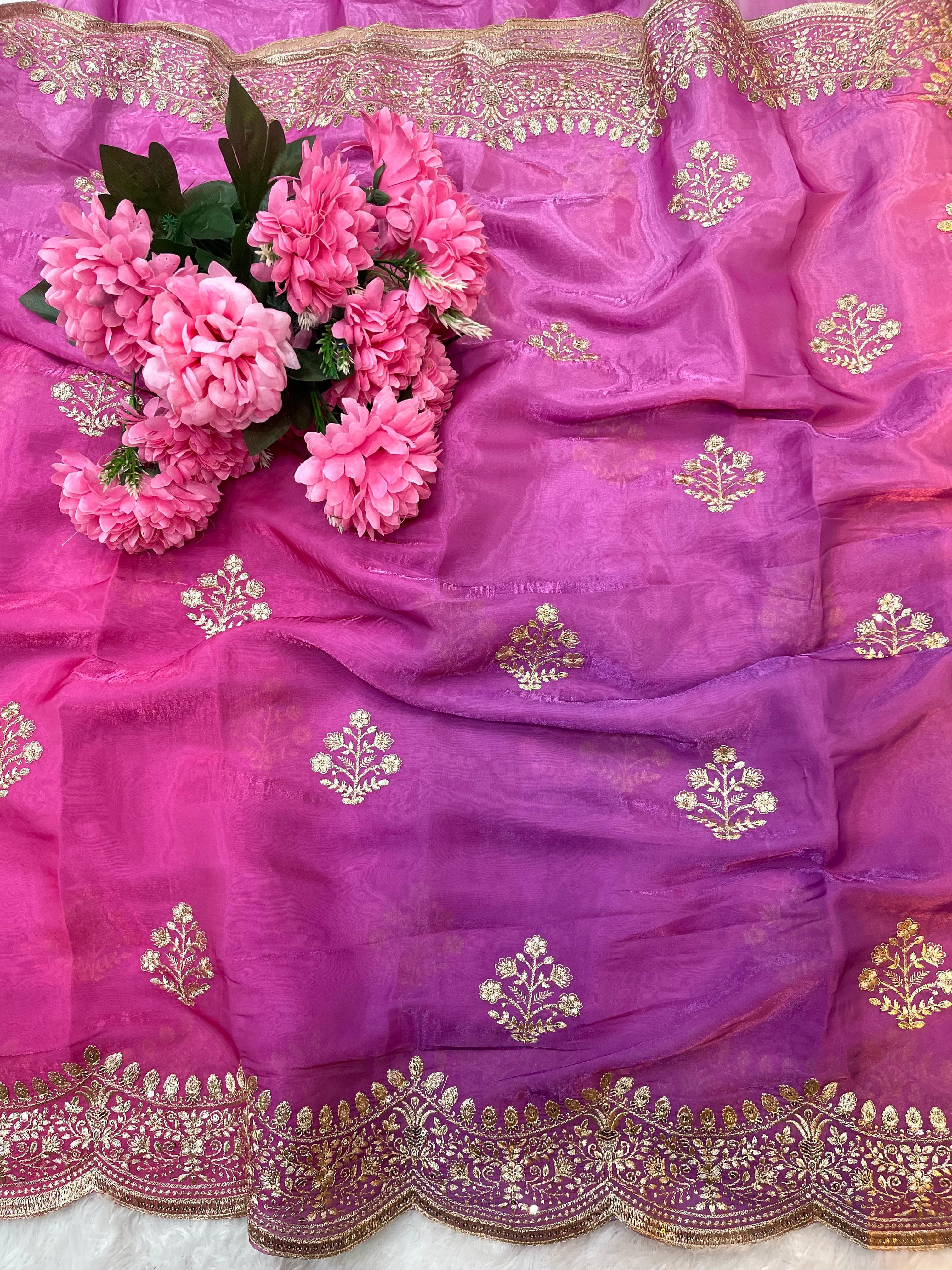 Soft Satin Saree – Embroidered Sequins Border & Buttis – Silk Embroidered Blouse