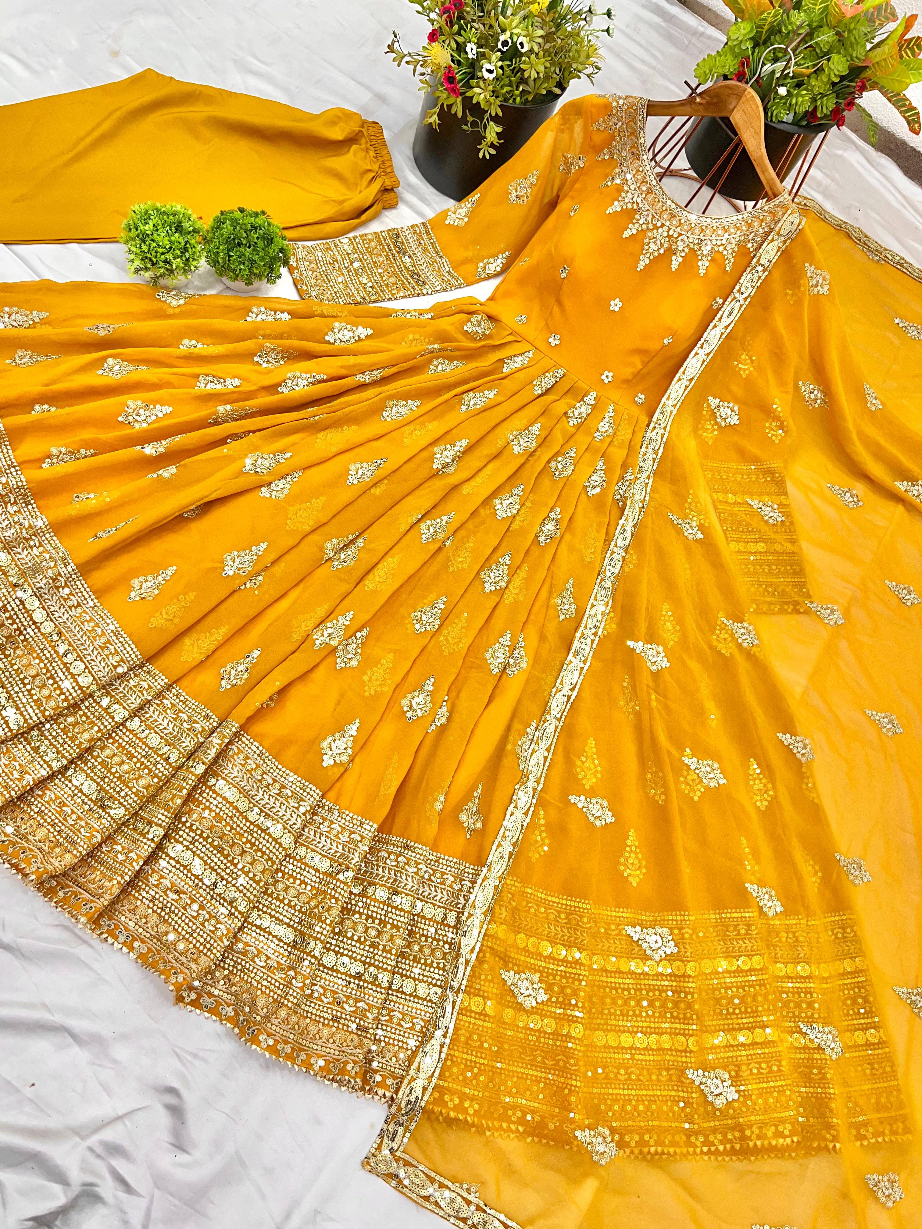 Yellow Flared Faux Georgette Gown – Round Neck – Heavy Sequin Embroidery