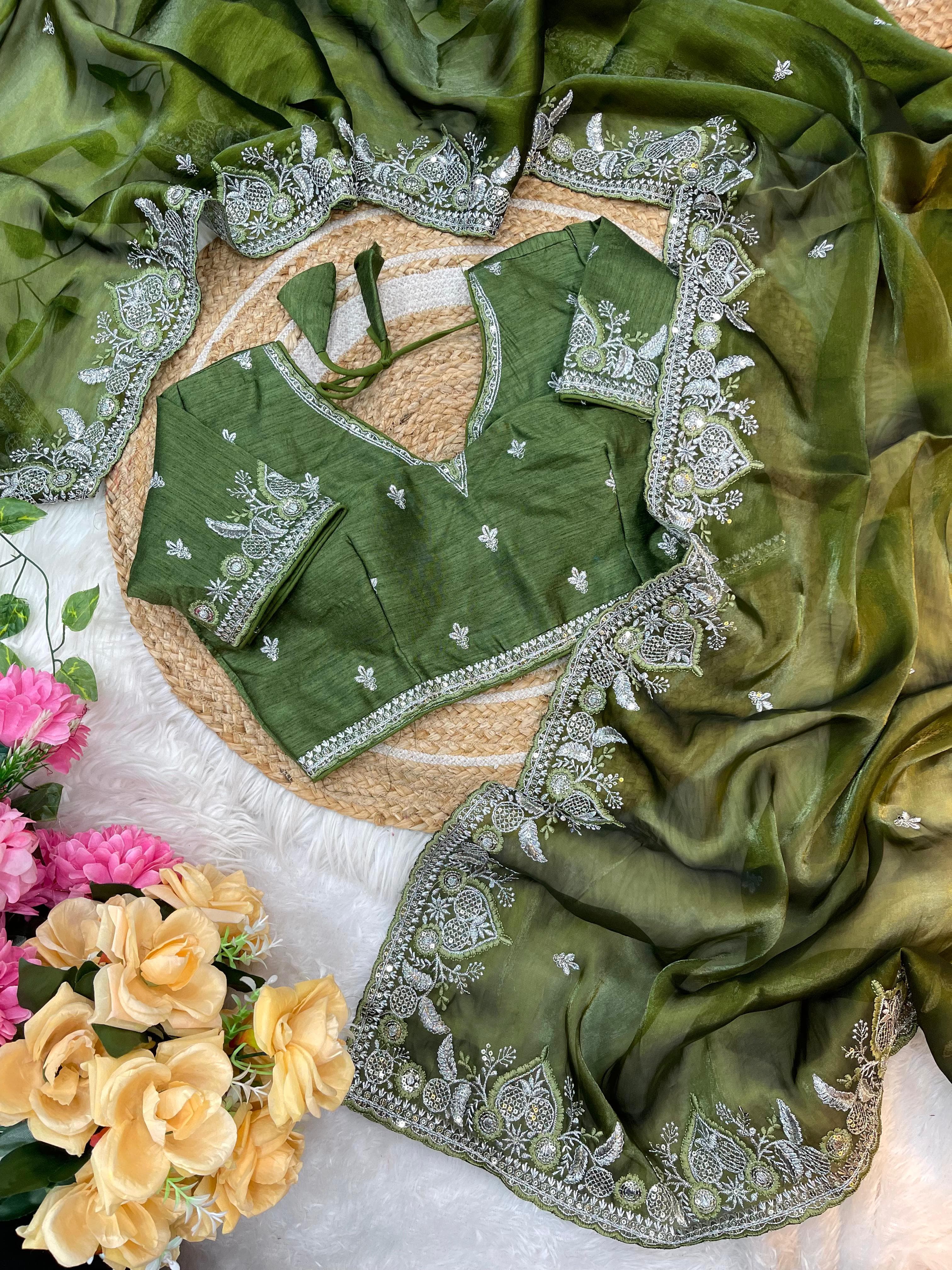 Fendy Satin Saree – Embroidered Border – Sequin & Thread Work