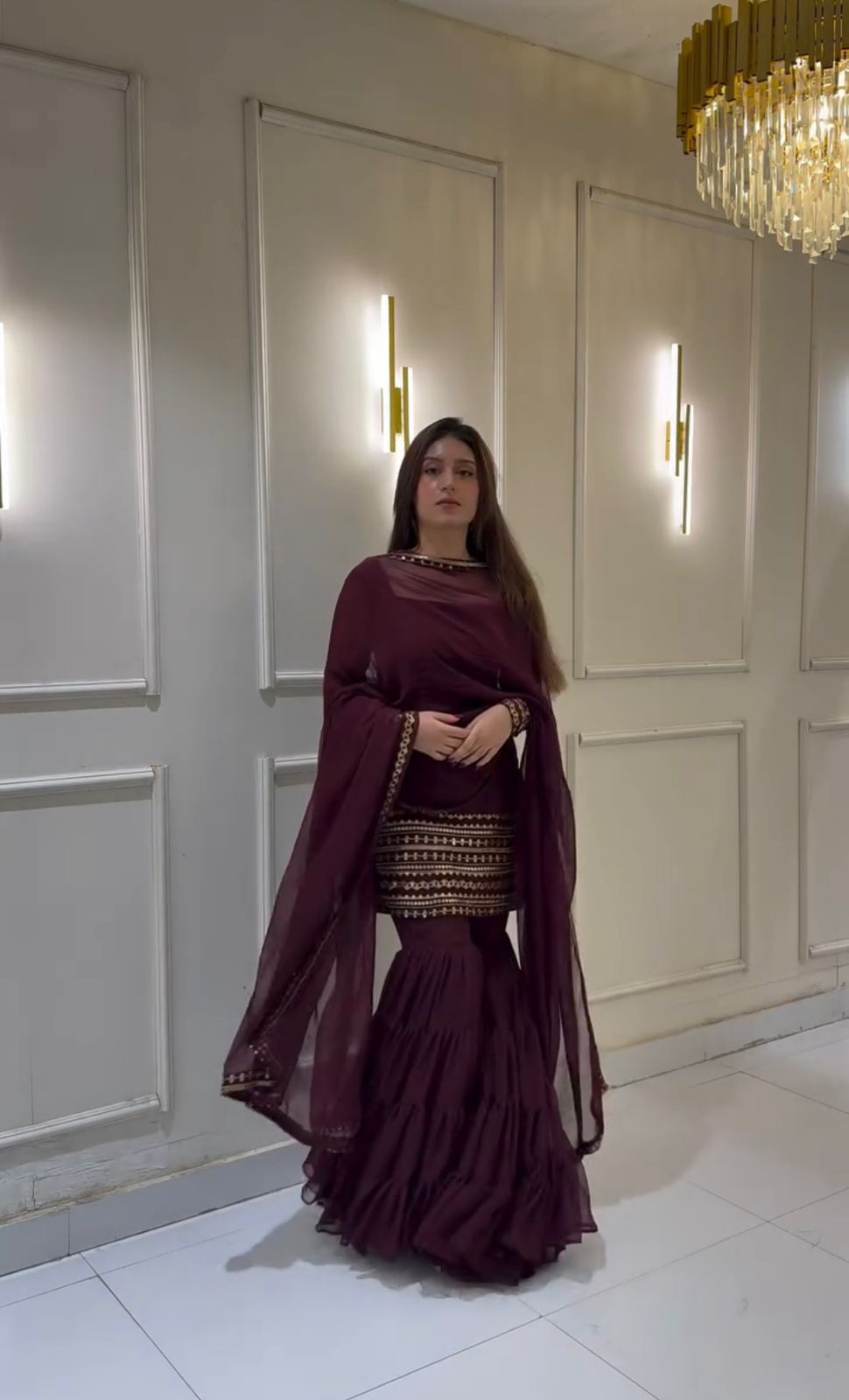 Wine Embroidered Georgette Top-Sharara Set – Full Sleeves – Sequin Work