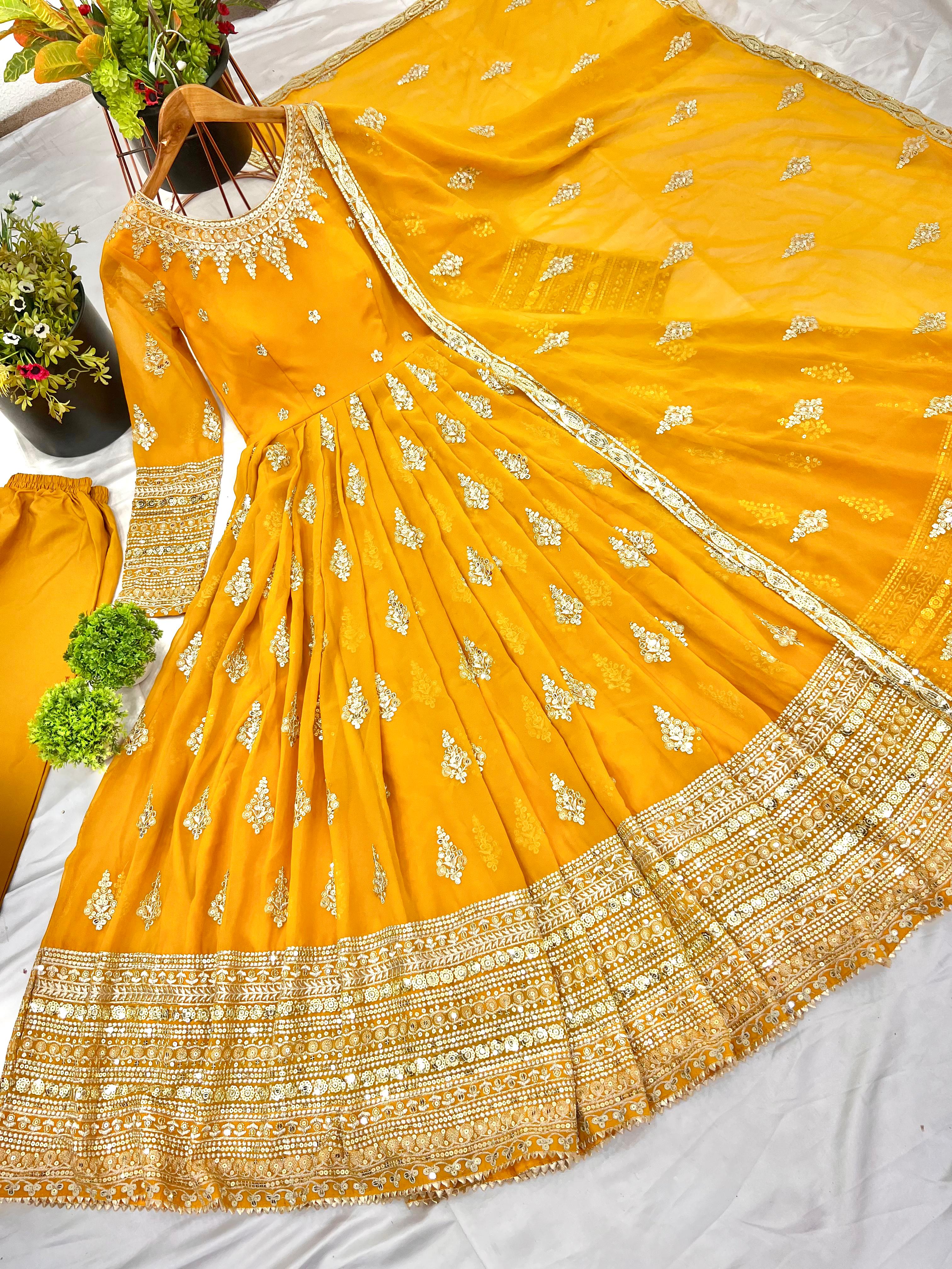 Yellow Flared Faux Georgette Gown – Round Neck – Heavy Sequin Embroidery