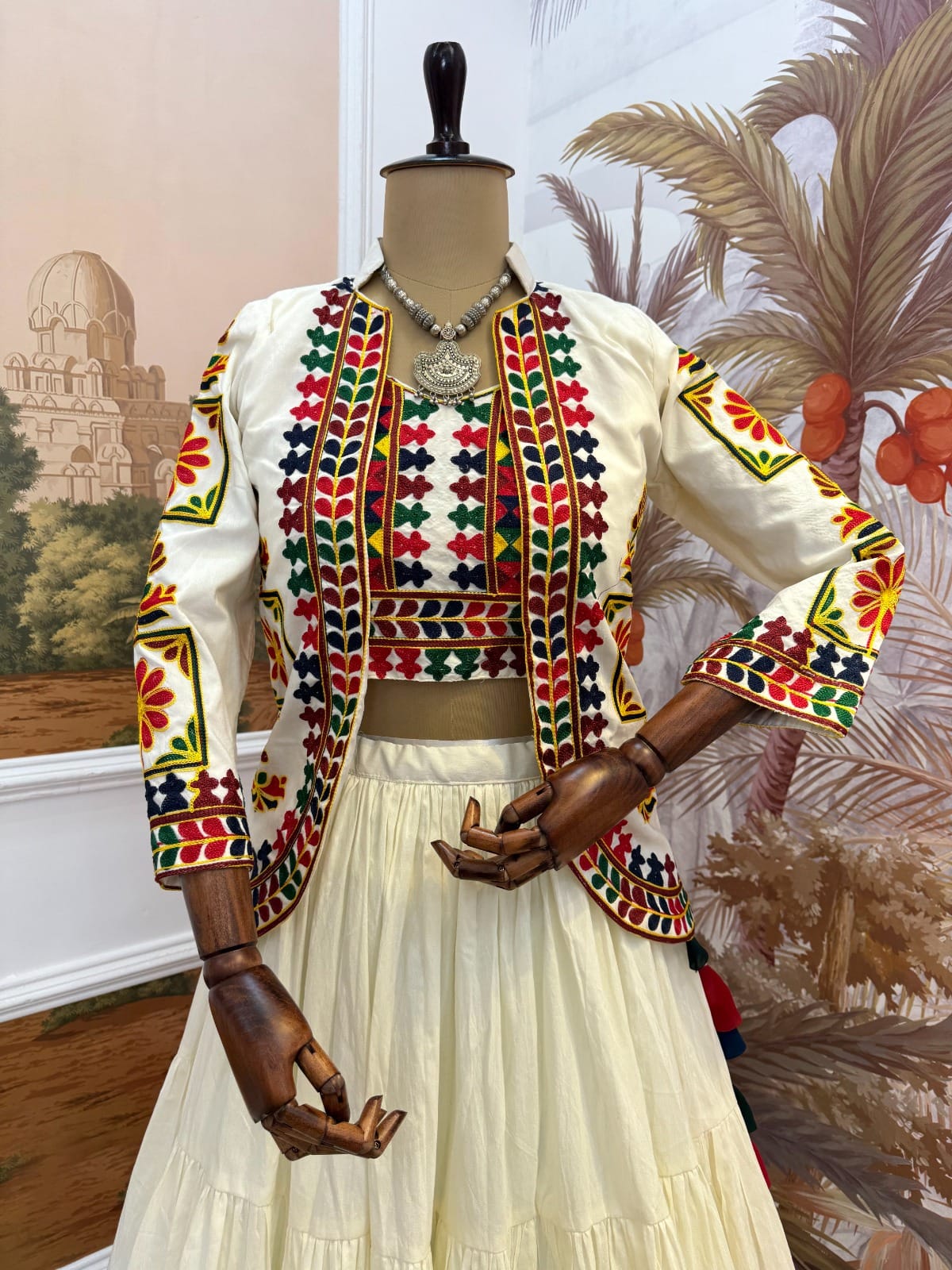 Cotton Embroidered Lehenga, Blouse & Koti Set – Ruffled Lehenga – Embroidery Work