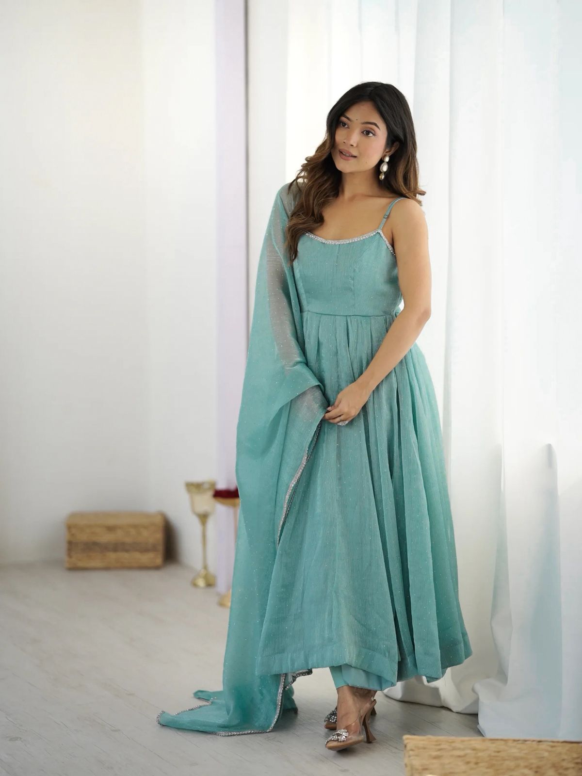 Crunchy Silk Anarkali Set – Round Neck – Sirozki Work