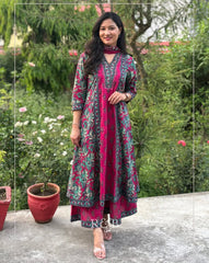 Printed Cotton A-Line Kurti Set – V-Neck – Sequin Handwork