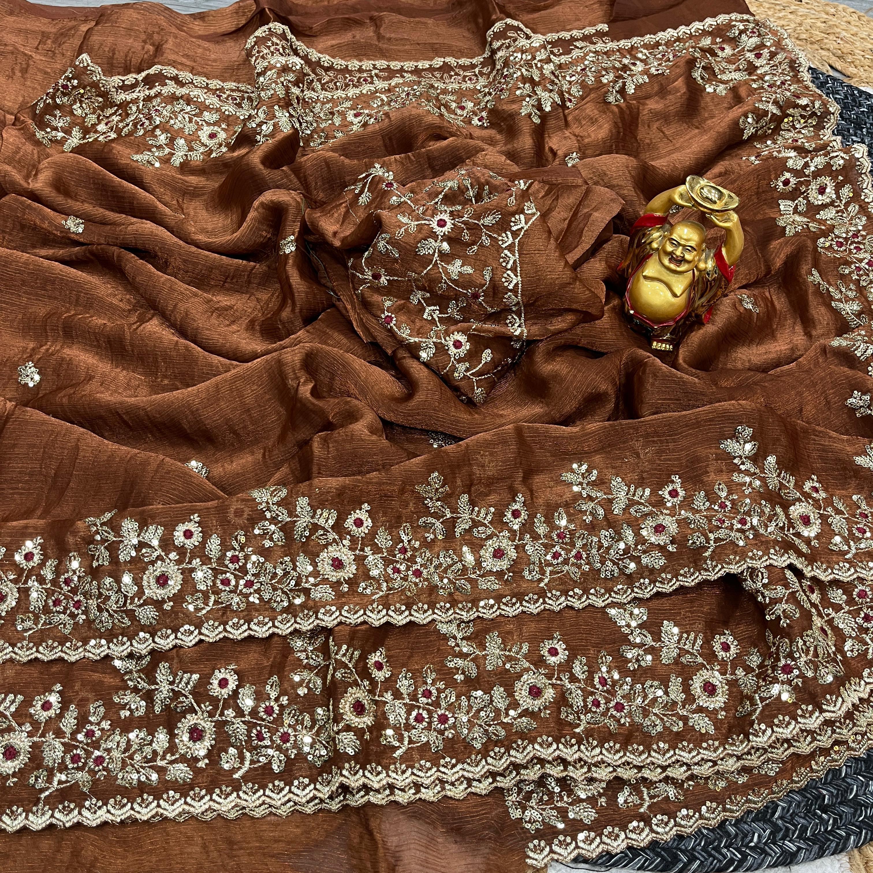 Brown Embroidered Chiffon Saree – Sequins and Thread Work