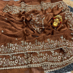 Brown Embroidered Chiffon Saree – Sequins and Thread Work