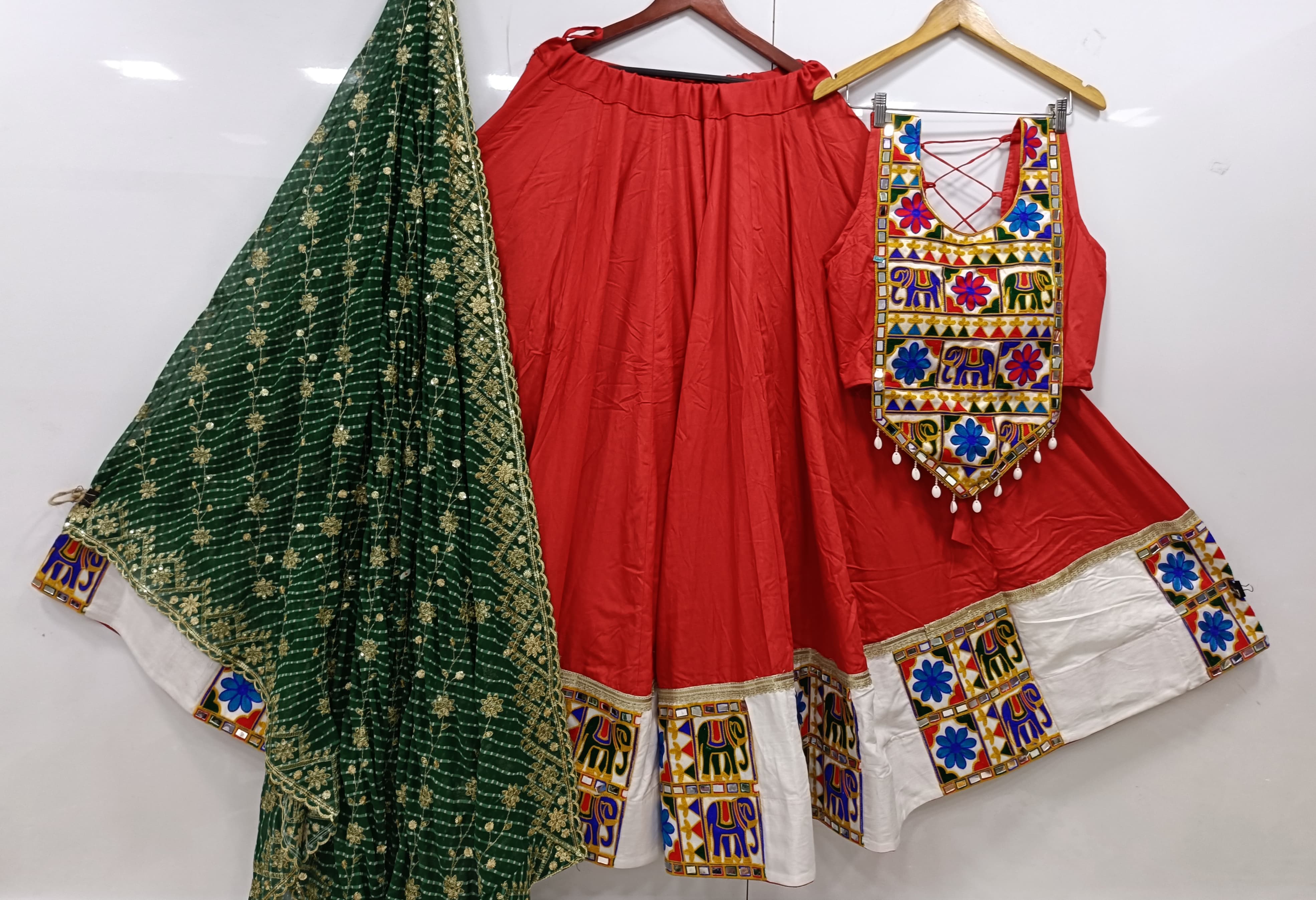Red Flared Rayon Cotton Lehenga Choli Set – Round Neck – Gamthi & Mirror Work