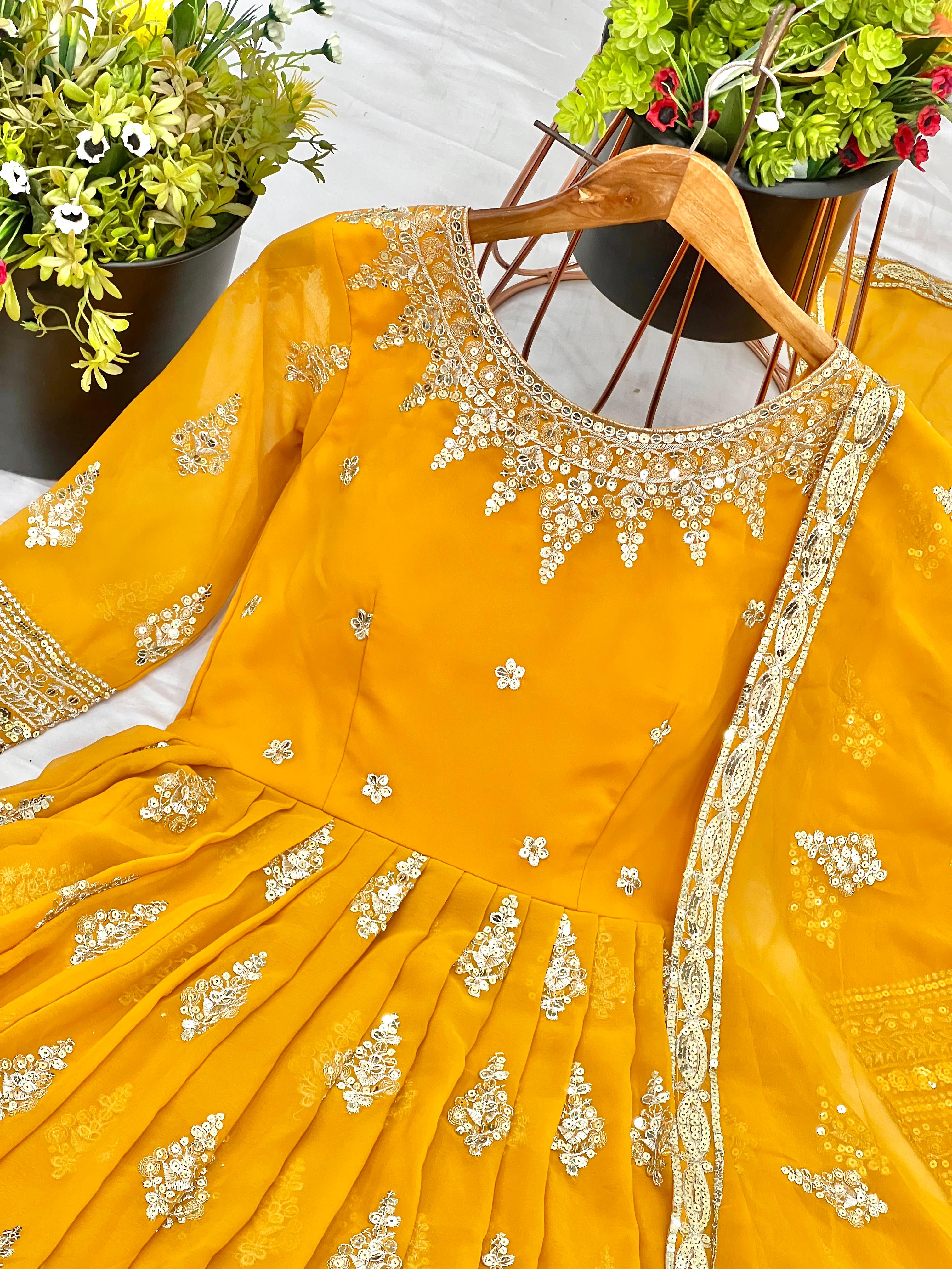 Yellow Flared Faux Georgette Gown – Round Neck – Heavy Sequin Embroidery