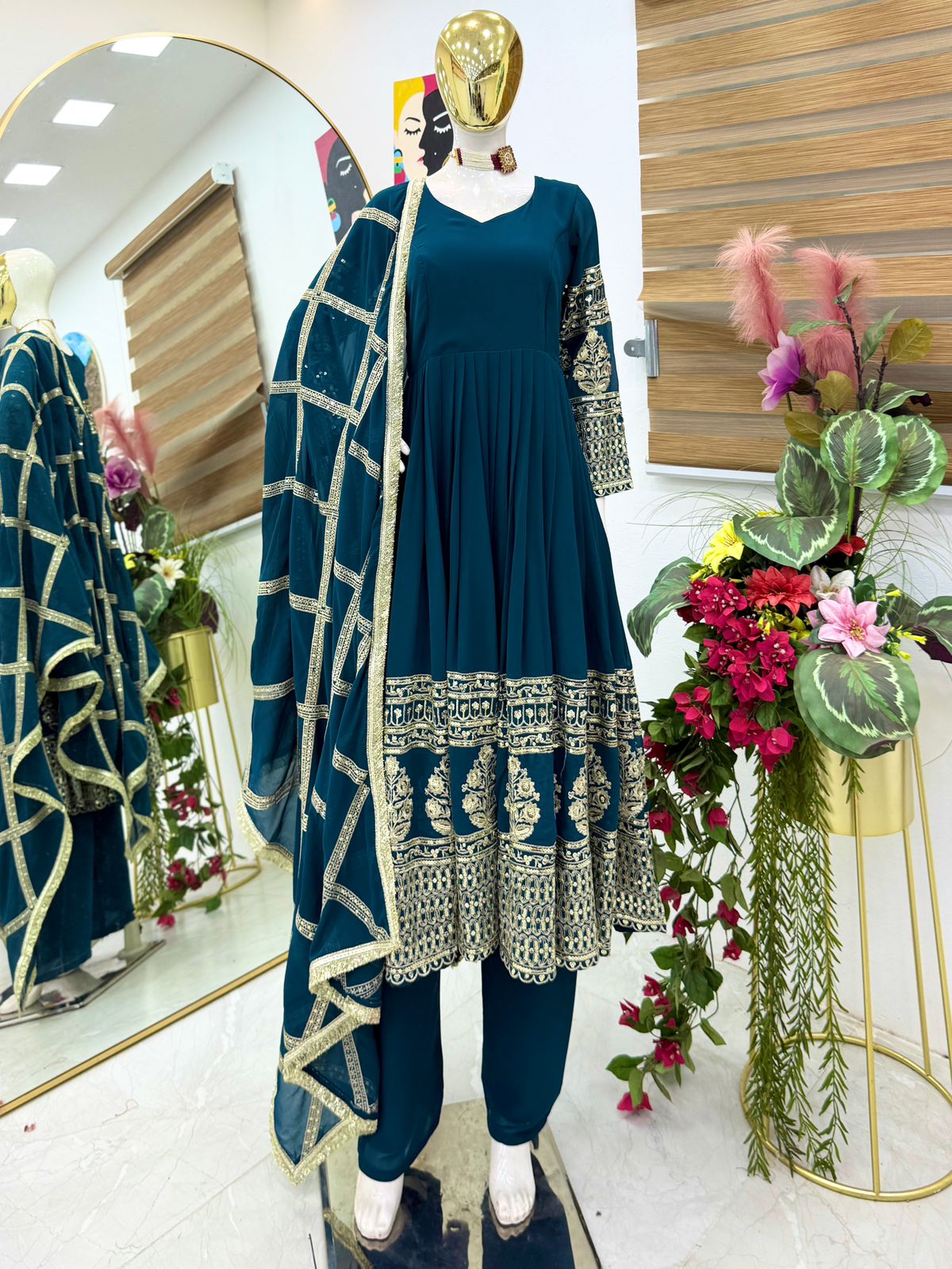 Georgette Embroidered Sharara Suit Set – Front Zipper – Sequin & Lace Work