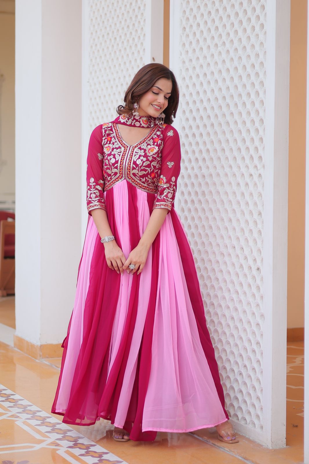 Sequin Thread Embroidered Fox Georgette Gown – Micro Cotton Lining – Dupatta Set