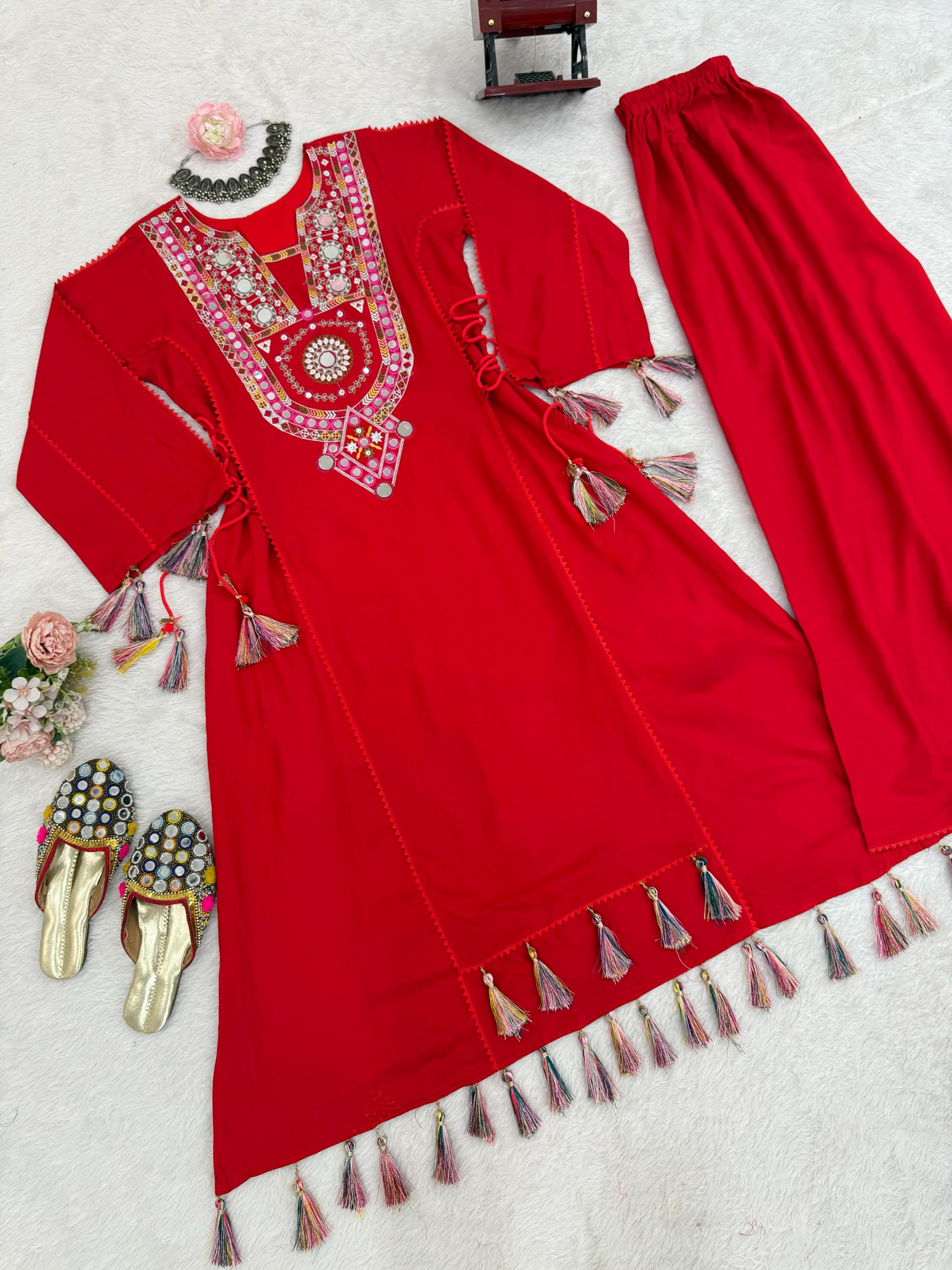 Red Cord-Set Rayon Co-Ord Set – Side Dori Tassels – Thread and Mirror Work