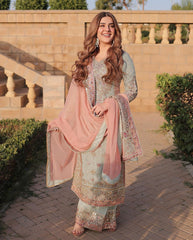 Faux Georgette Embroidered Sharara Set – Round Neck – Sequin Work