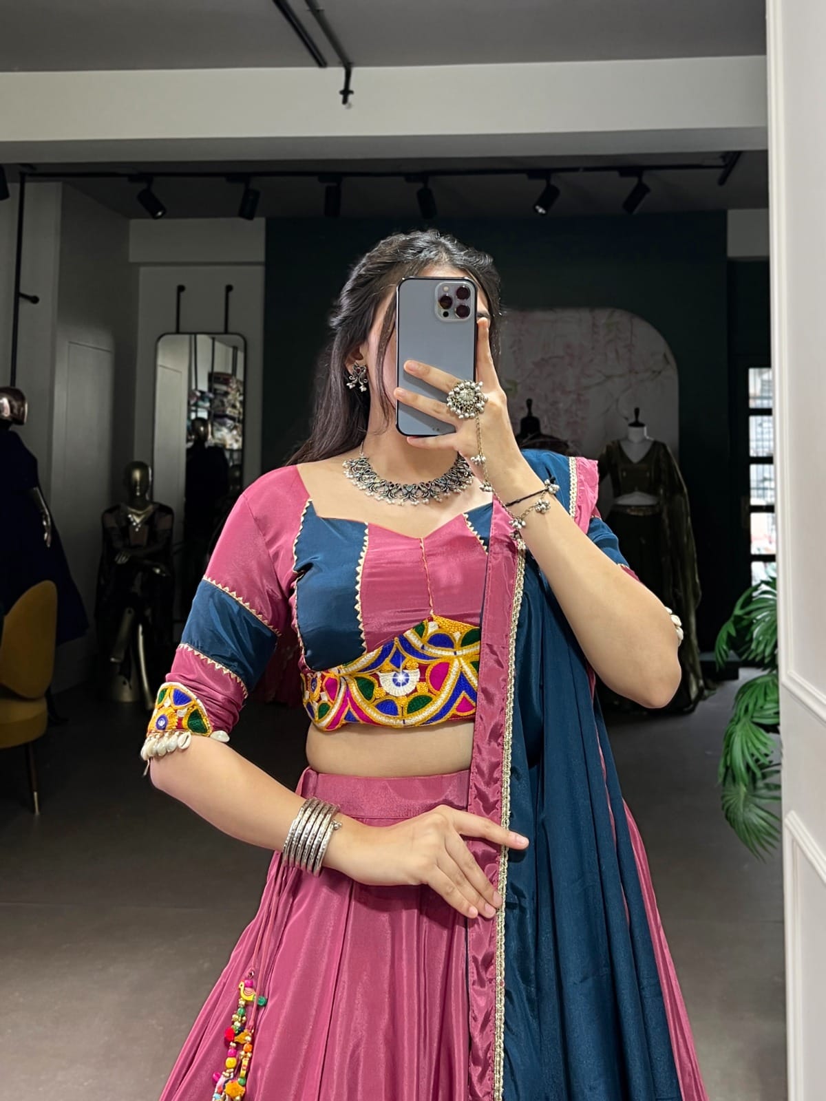 Pink Flared Silk Crepe Lehenga Set – Round Neck – Mirror and Gotta Patti Work
