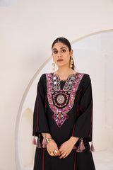 Black Cord Set Rayon Kurti and Palazzos – Side Dori Tassels – Thread and Mirror Work
