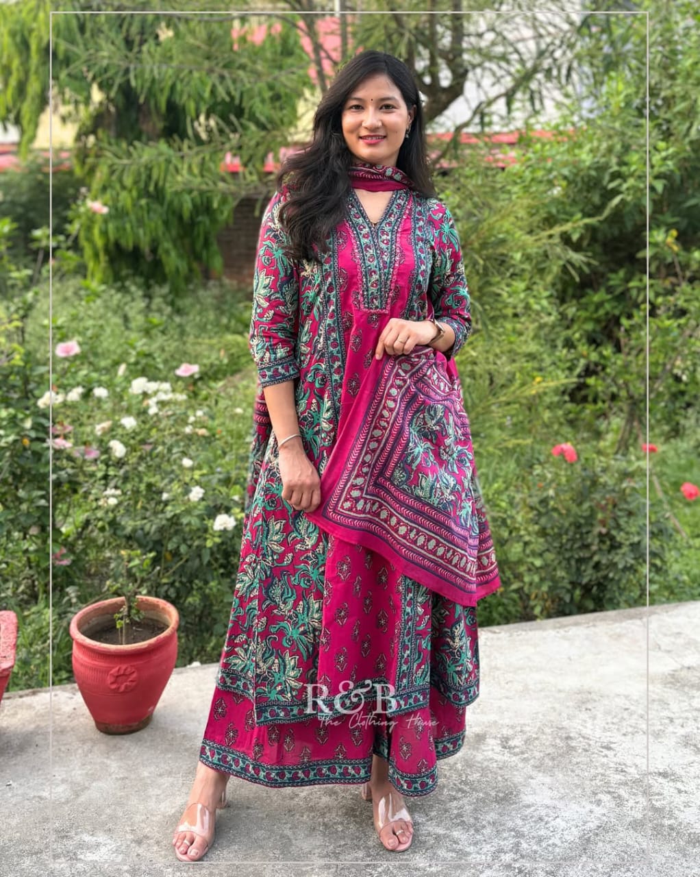 Printed Cotton A-Line Kurti Set – V-Neck – Sequin Handwork