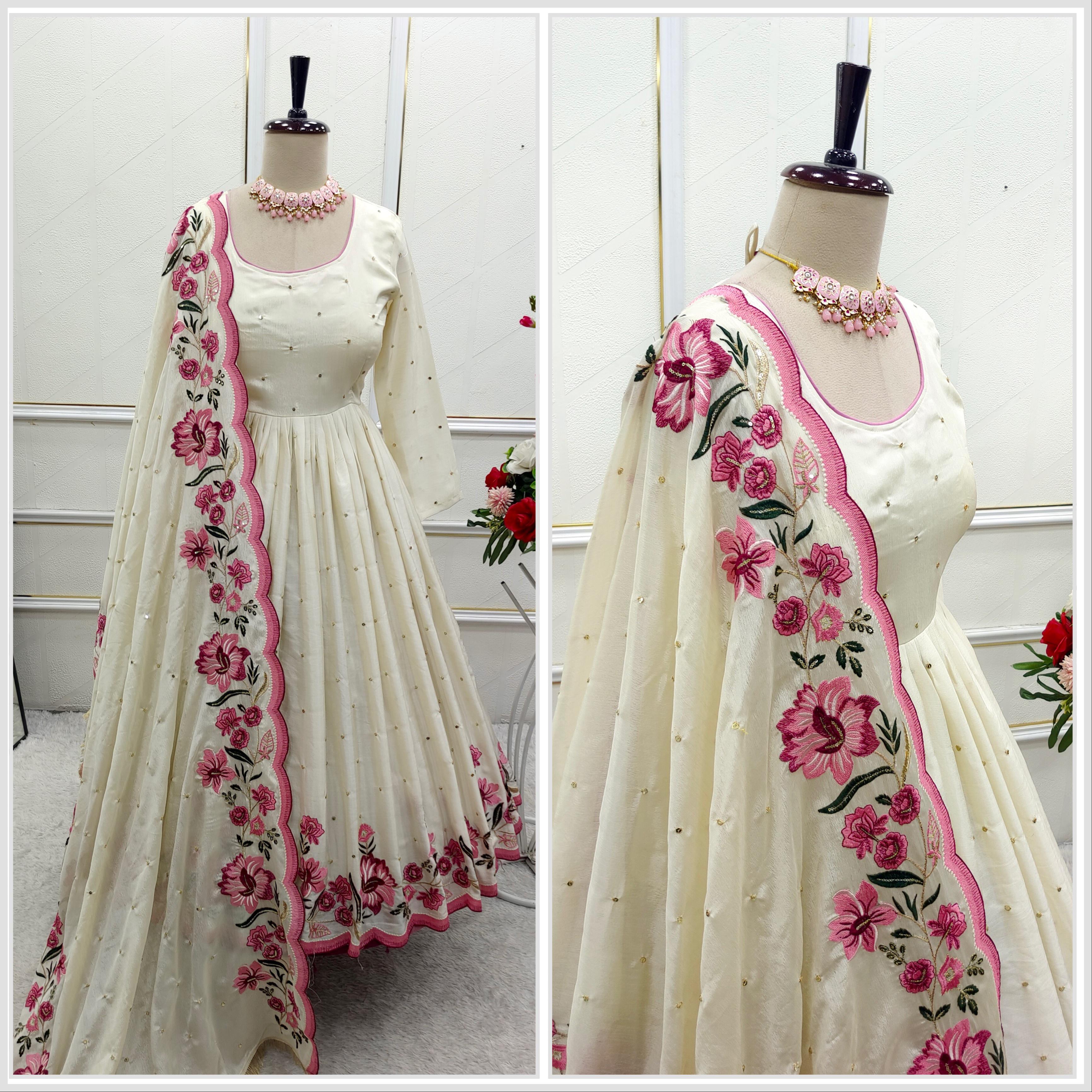 Chinon Silk Embroidered Gown Pant Dupatta Set – Full Sleeve – 5mm Sequin Work