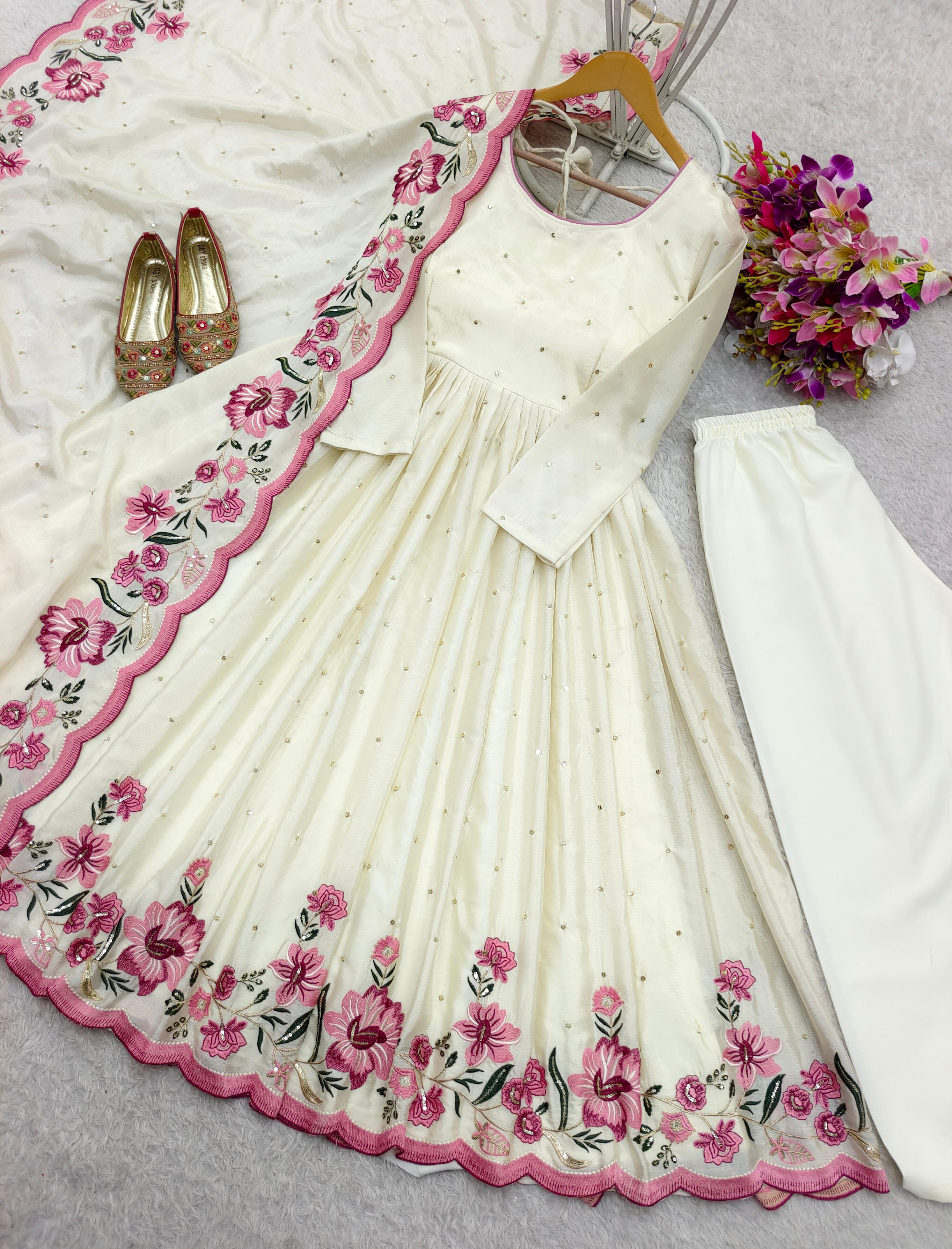 Chinon Silk Embroidered Gown Pant Dupatta Set – Full Sleeve – 5mm Sequin Work