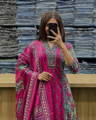 Printed Cotton A-Line Kurti Set – V-Neck – Sequin Handwork