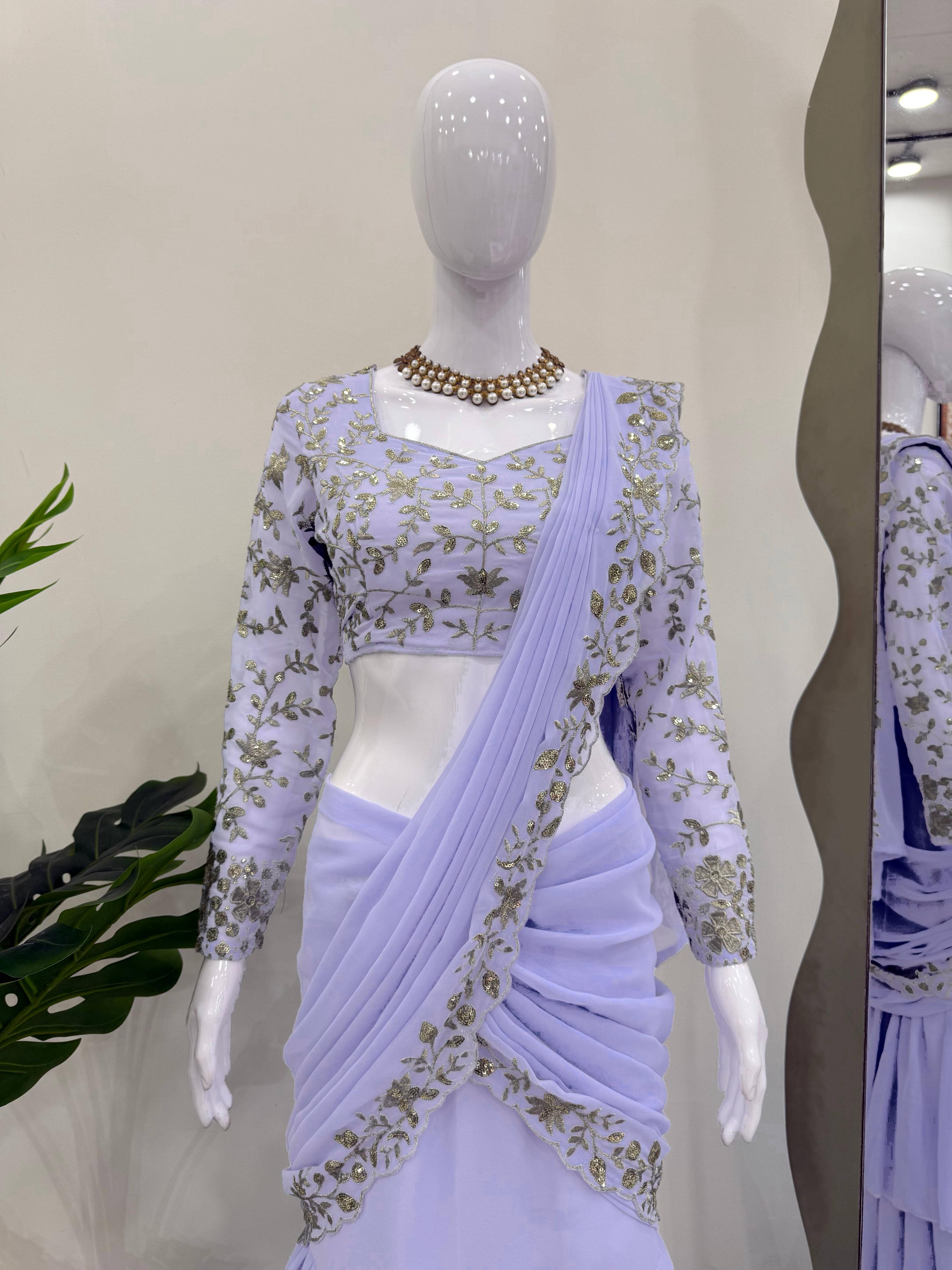 Pastel Purple Ready to Wear Faux Georgette Lehenga Saree – Side Zip – Thread and Sequin Work