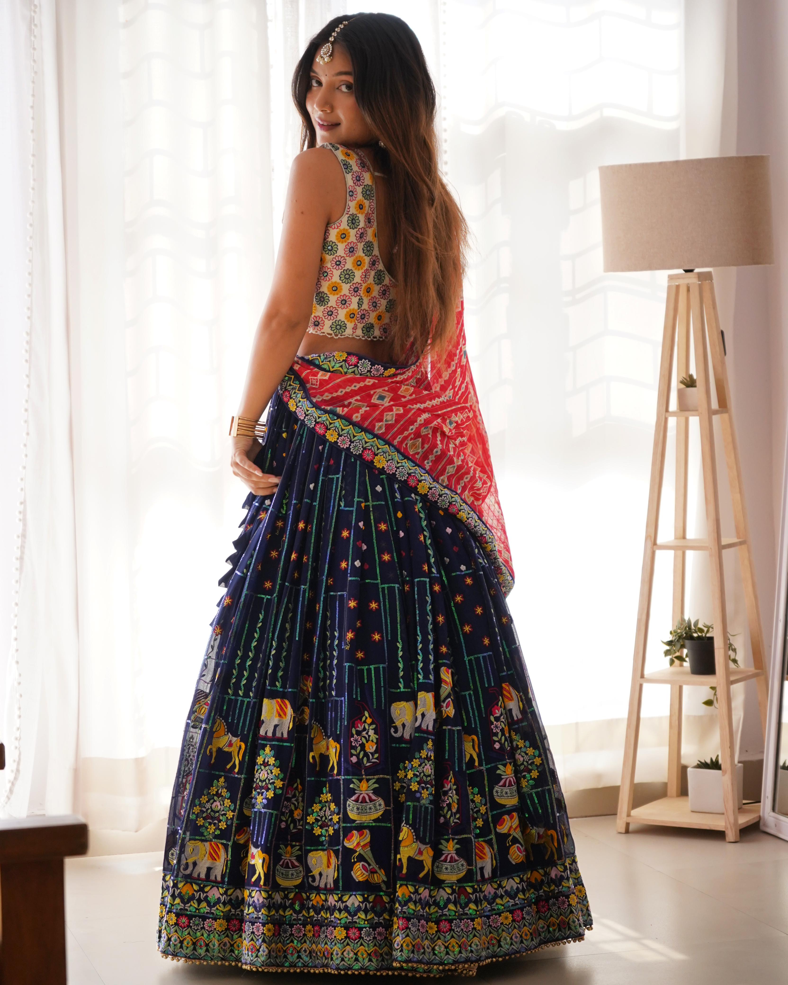 Faux Georgette Semi-Stitch Lehenga Set – Thread and Sequin Work – Heavy Lace