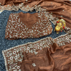 Brown Embroidered Chiffon Saree – Sequins and Thread Work