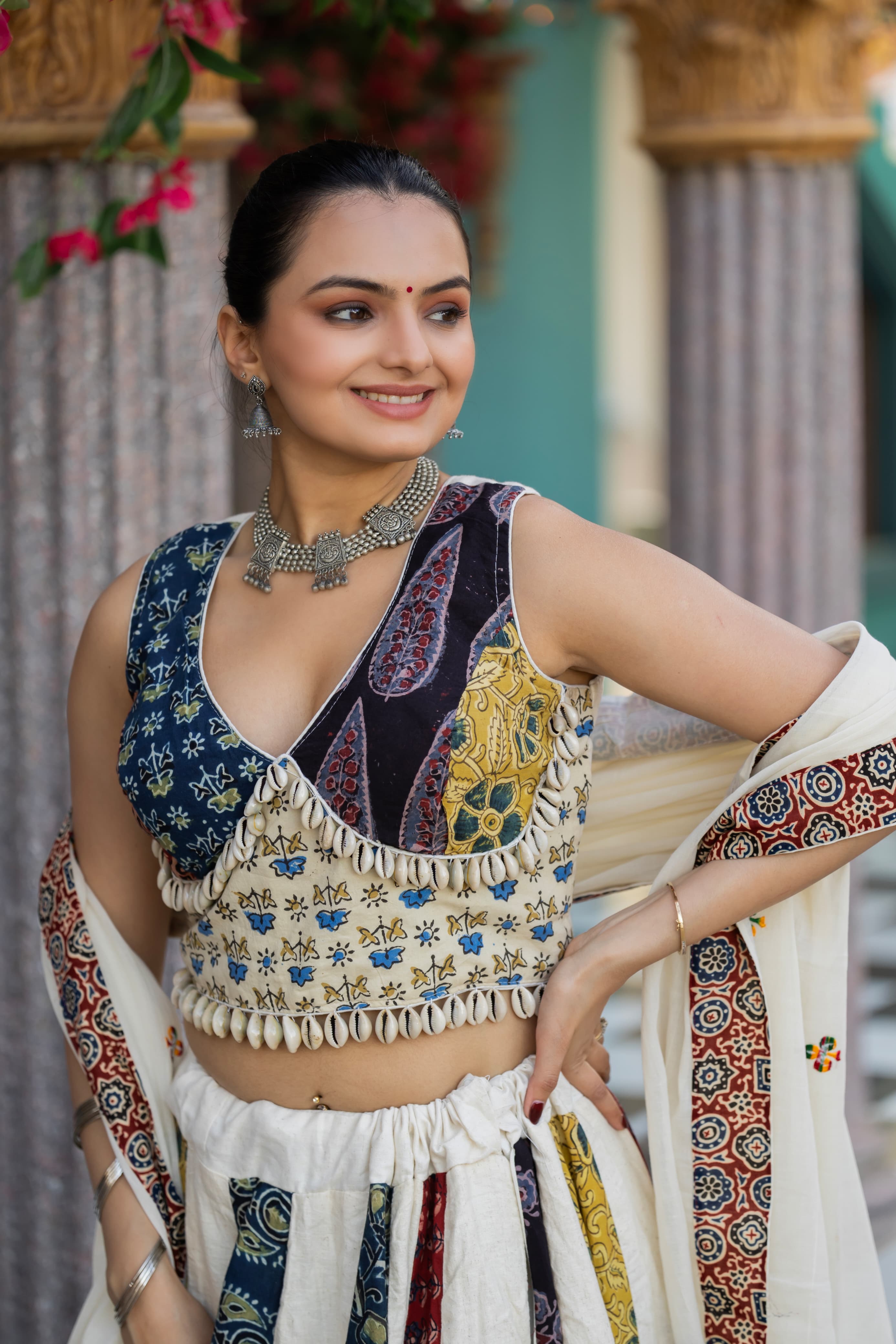 Ajrakh Print Khadi Cotton Lehenga Choli Set – Drawstring Waist – Hand Block Print & Real Shells