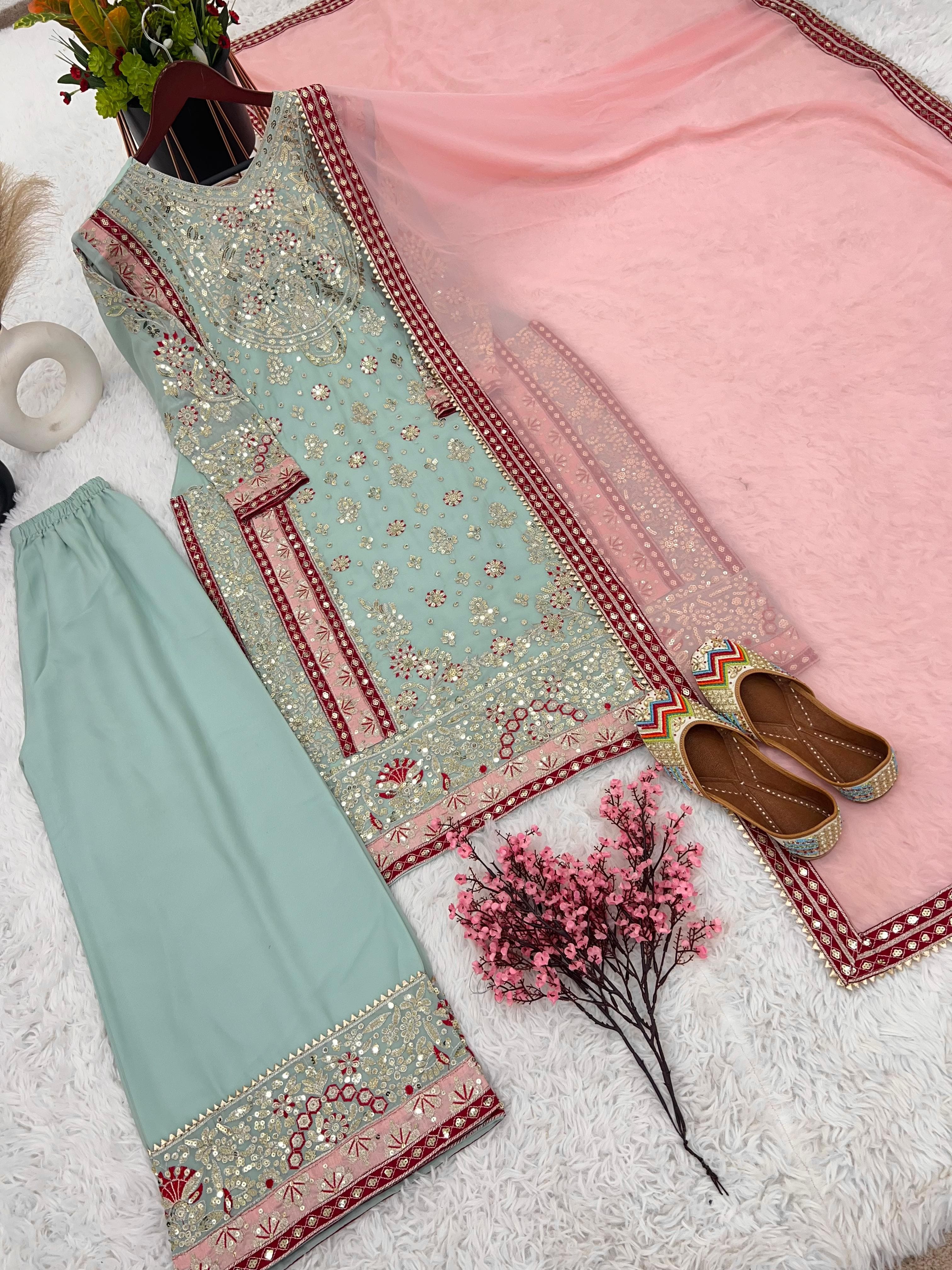 Faux Georgette Embroidered Sharara Set – Round Neck – Sequin Work
