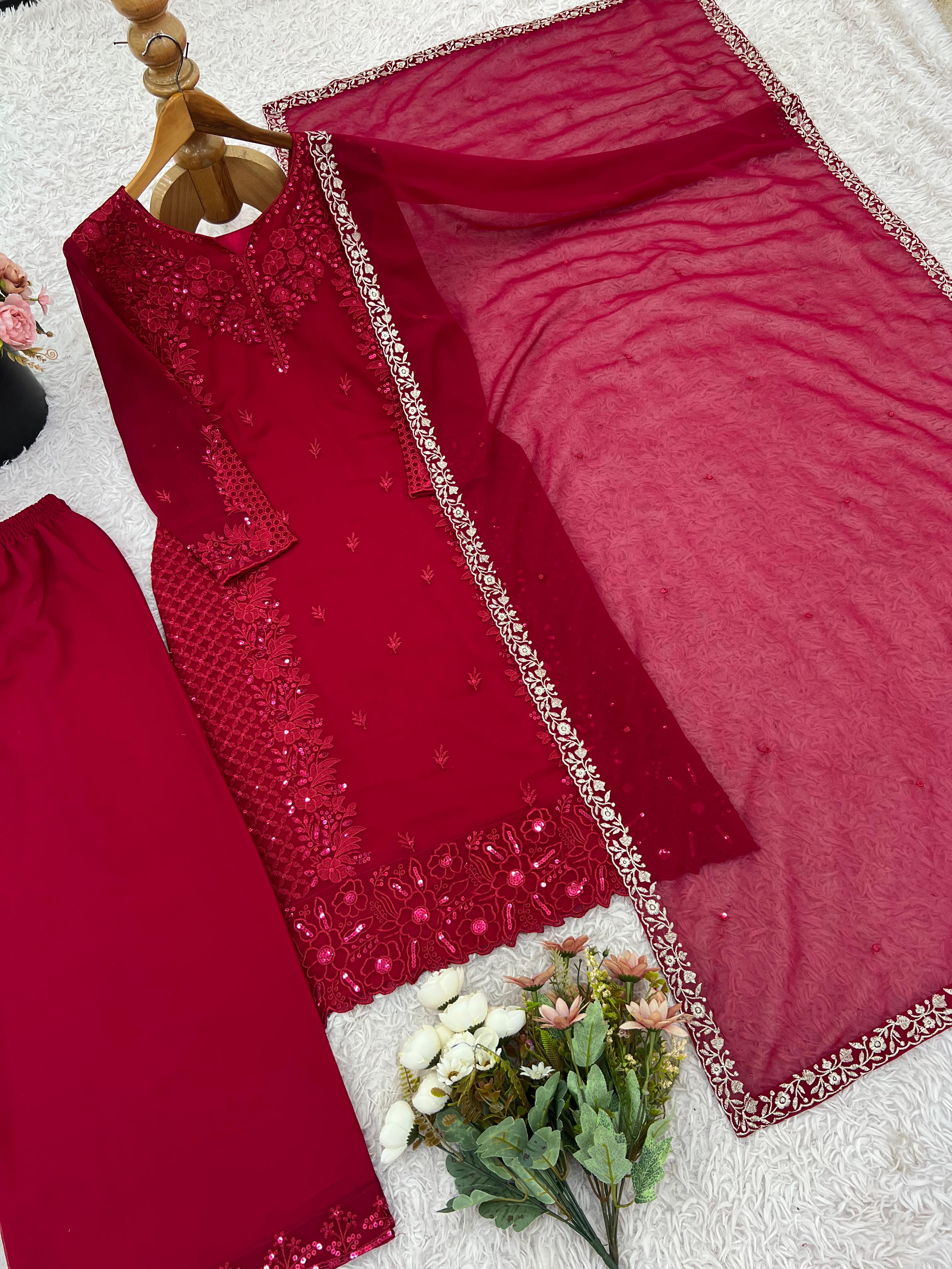 Embroidered Faux Georgette Top-Plazzo Set – Fancy Sleeves – Sequin Work