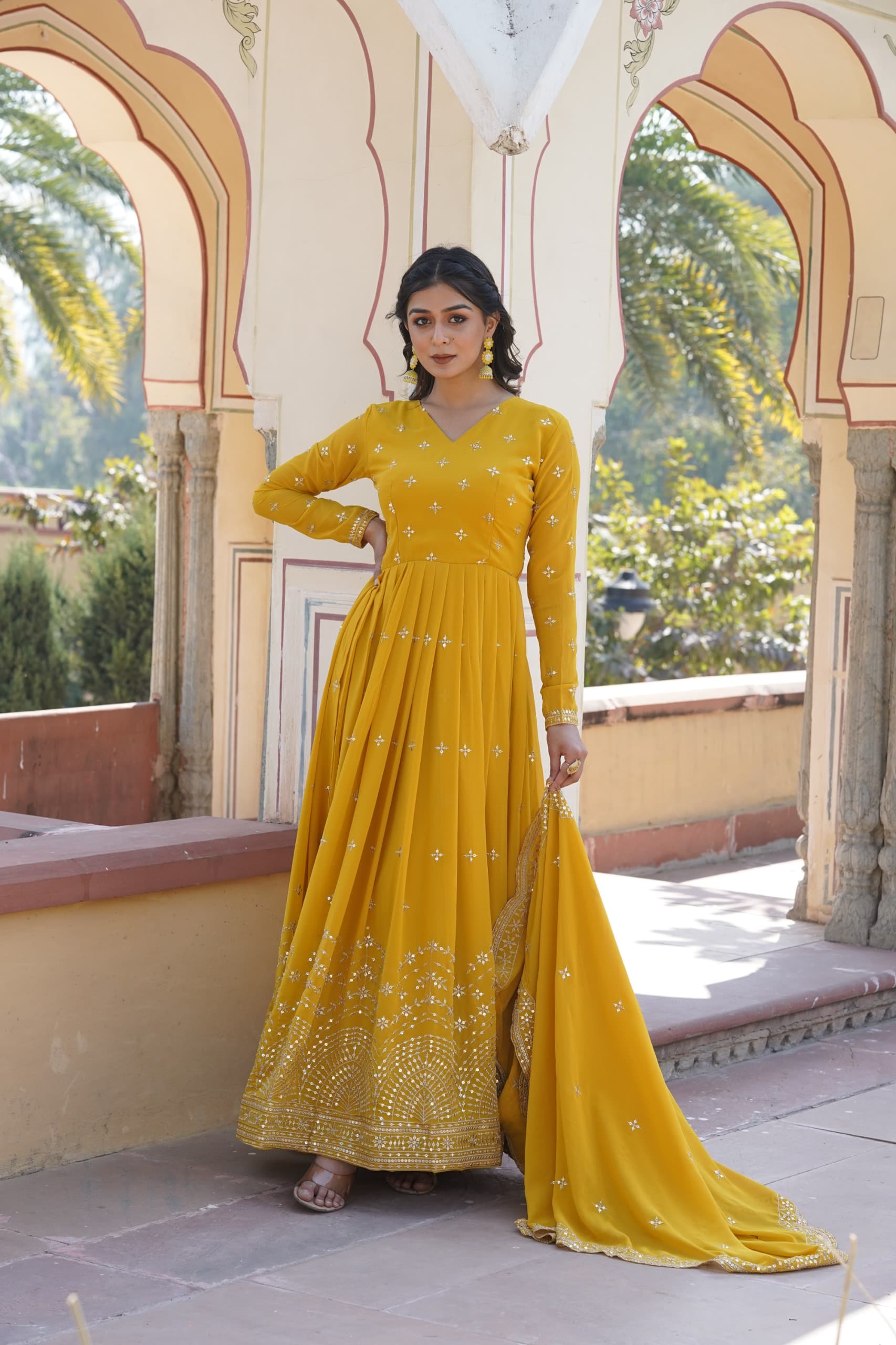 Georgette Flared Gown – V-Neck – Zari & Sequins Embroidered