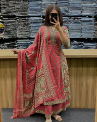 Printed Cotton A-Line Kurti Set – V-Neck – Sequin Handwork