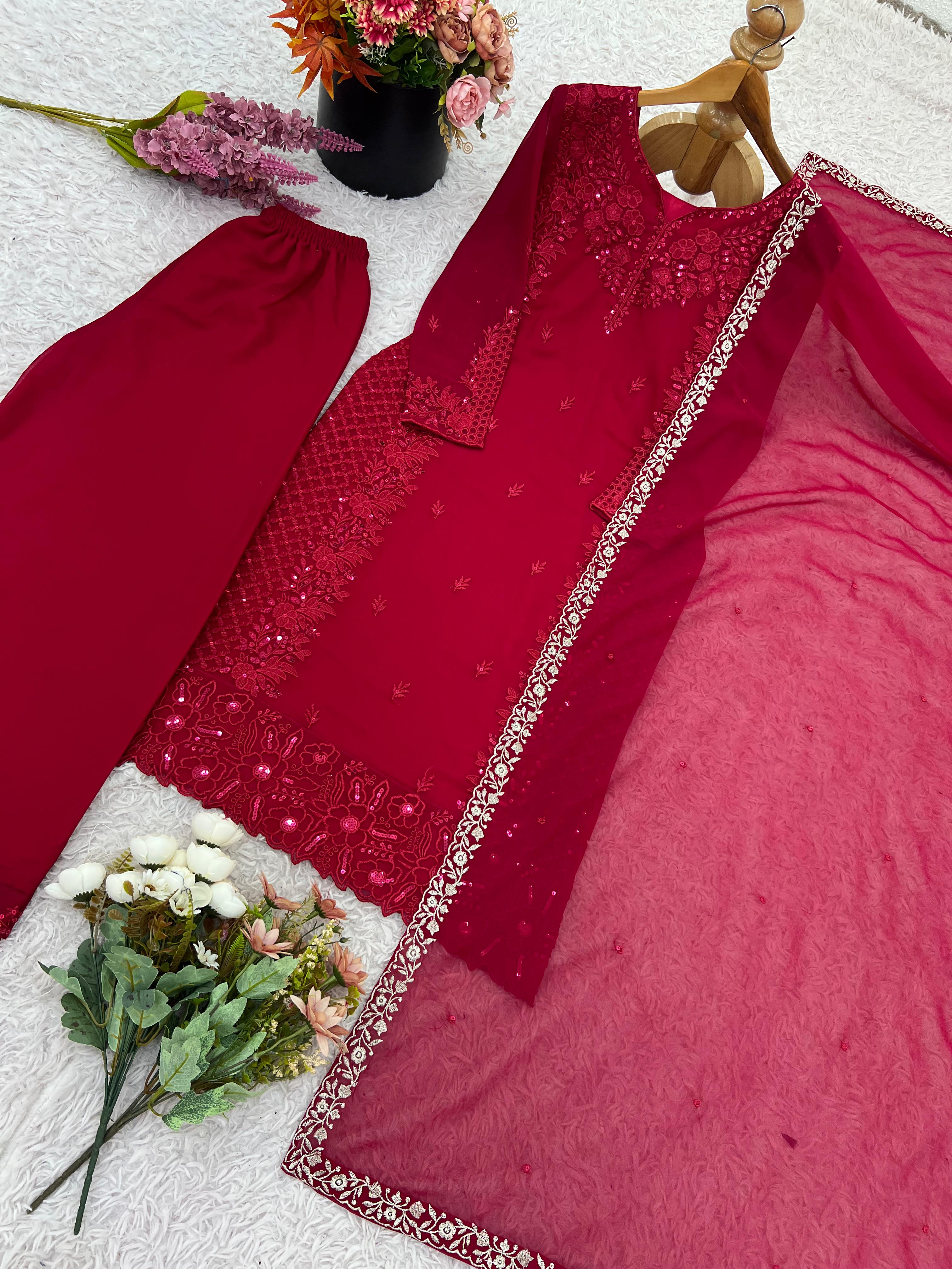 Embroidered Faux Georgette Top-Plazzo Set – Fancy Sleeves – Sequin Work