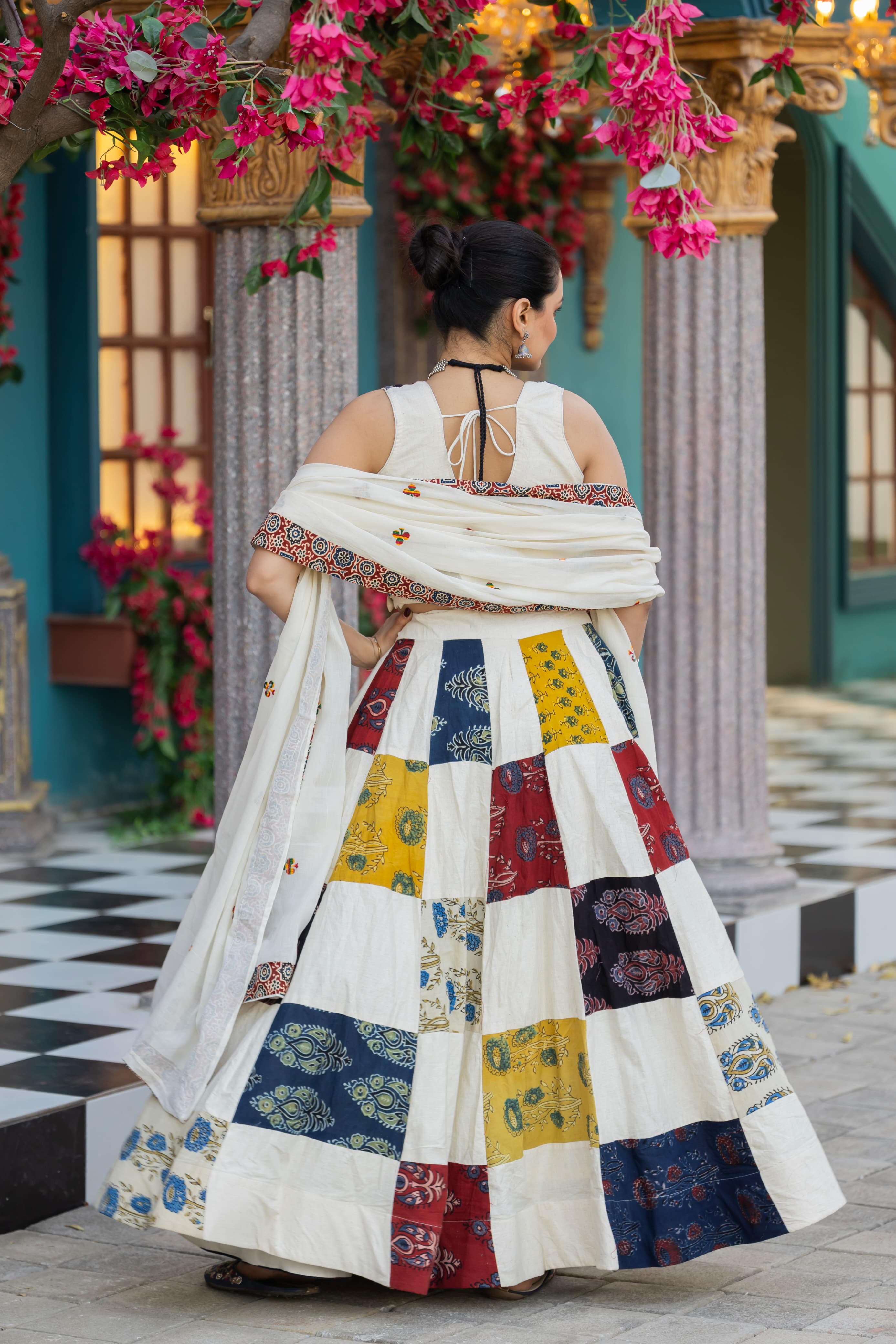 Ajrakh Print Khadi Cotton Lehenga Choli Set – Drawstring Waist – Hand Block Print & Real Shells