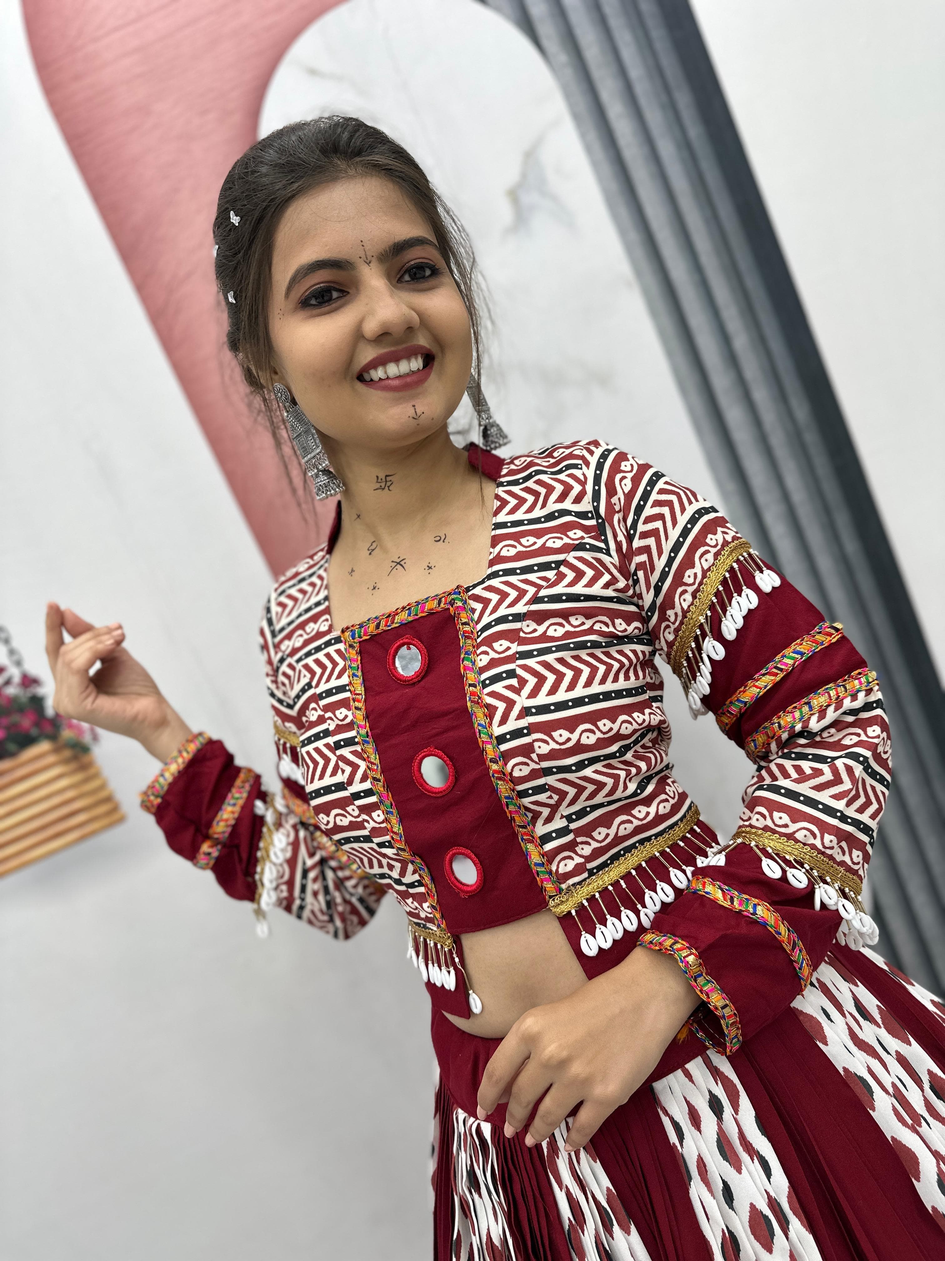 Ajarakh Print Rayon Cotton Lehenga Choli – Round Neck – Real Mirror Work