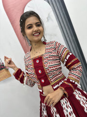 Ajarakh Print Rayon Cotton Lehenga Choli – Round Neck – Real Mirror Work