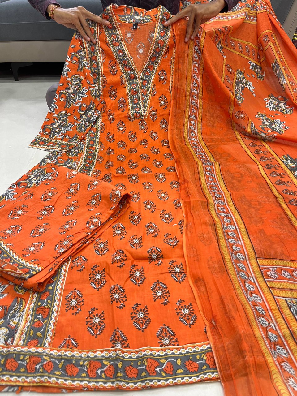 Printed Cotton A-Line Kurti Set – V-Neck – Sequin Handwork